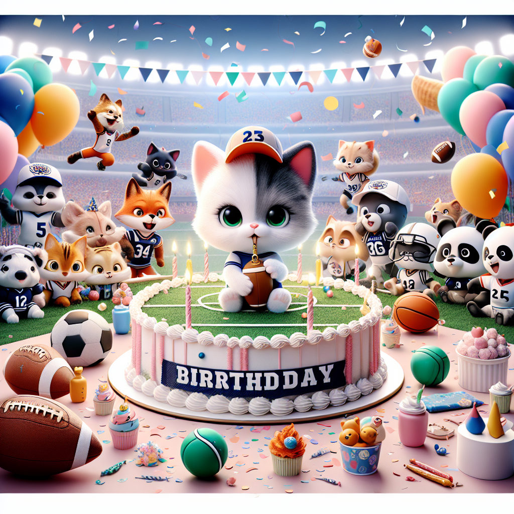 Let's imagine a charming sports-themed cartoon birthday scene splashed with soft pastel colors. It is festooned with bits of confetti and balloons, interestingly shaped like different sports balls. At the centerpiece is a kitten cartoon character, playfully accessorized with a coach's whistle, garnering the attention amidst a crew of other adorable creatures. First, we have a fox, dressed with football gear, and then there's a baseball-gloved panda, all eagerly crowded around a gigantic birthday cake, ingeniously crafted to resemble a sports stadium. Adding to the celebratory ambiance are the table arrangements and party favors, indicative of the festive, sporty theme.
Generated with these themes: Sports.
Made with ❤️ by AI.