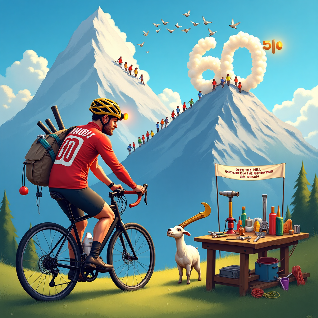 The scene is set at the picturesque base of a towering mountain, where an eclectic birthday celebration for Andy's 60th is in full swing. In the foreground, Andy—a vibrant mix of cyclist, mountaineer, and handyman—is proudly perched atop his trusty bike. He's wearing a bright red cycling jersey with "60th" emblazoned in bold white letters on the back. A set of climbing ropes is slung casually over his shoulder, while a headtorch, comically oversized, is strapped onto his helmet, casting a wide beam of light that humorously highlights everything from his tools to the peak of the mountain.

To the right, a playful mountain goat with a tiny wrench in its mouth peers over Andy's shoulder, clearly interested in his handyman skills. A workbench set up nearby, stocked with all sorts of colorful tools—hammers, screwdrivers, and a very conspicuous golden spanner—sits on the grass, each one uniquely shaped like the numbers of "60," which also serves as a subtle reminder of the milestone celebration.

In the sky, fluffy clouds have arranged themselves to spell out "Happy Birthday Andy," the letters slowly drifting across a bright blue canvas. Above the clouds, a flock of birds seemingly joins in the festivity, forming the shape of a celebratory balloon cluster floating in the air.

Behind Andy, friends dressed in colorful mountain climbing gear are halfway up the mountain face, each of them adorned with headtorches that blink in unison like a chorus of birthday candles. At the mountain’s summit, a banner flaps in the gentle breeze, carrying the message "Over the Hill? Nah, Just Reaching New Heights, Andy!" The backdrop of snow-capped peaks and verdant valleys adds a breathtaking depth, perfectly framing this whimsical and joyous birthday scene.
Generated with these themes: 60th Birthday, CYCLIST, Mountaineer, Handyman , and HEADTORCH.
Made with ❤️ by AI.