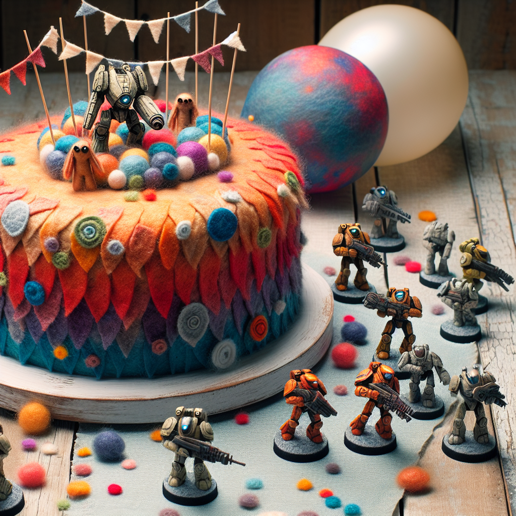 Generate an image of a delightful birthday scenario with a rustic, homemade look, predominantly fashioned using textured felt material. The central feature is a brightly tinted felt cake, decorated with miniature non-branded stumpy sci-fi soldier figures, amalgamating the delicate world of fabric artwork and detailed tabletop games. Balloons and streamers made from felt bring a sense of merriment and festivity, bridging the soothing textures with a theme of cosmic battle.
Generated with these themes: Felt, and Warhammer 40k.
Made with ❤️ by AI.