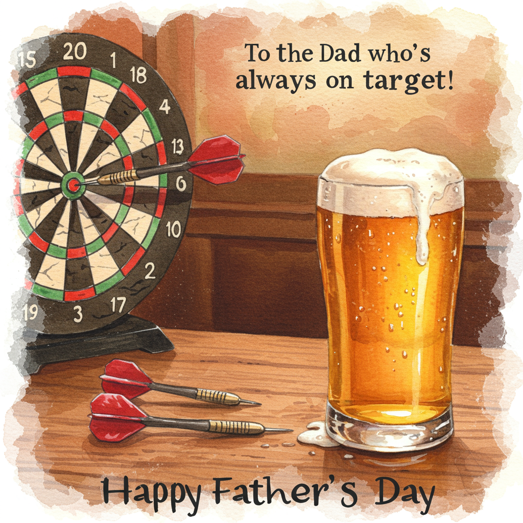 At the bottom of the Watercolor Style image, the text reads: **Happy Fathers Day**

---

### Image Prompt:

Imagine a cozy pub scene, delicately rendered in soft watercolors. On the left, a dartboard with a few darts perfectly embedded near the bullseye. On the right, a wooden table with a frothy pint of beer catching the light, its glass glistening with droplets of condensation. The background is a gentle blur of warm hues, suggesting a friendly and inviting atmosphere. A faint aroma of hops and laughter almost seems to waft from the page. Above the scene, a subtle caption reads: "To the dad who's always on target!" 

The overall composition conveys warmth and appreciation, capturing the essence of relaxation and skillful play, a perfect homage to a beloved father.
Generated with these themes: Darts, Beer, and .
Made with ❤️ by AI.