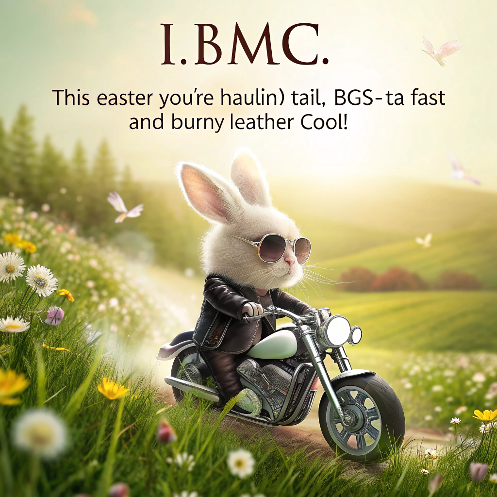 At the top of the image, "I.B.M.C., this Easter you're haulin' tail—eggs-tra fast and bunny-leather cool!"

- Create a realistic photograph-style image with a soft, dreamy springtime light.
- In the center of a sunlit meadow full of wildflowers and lush green grass, depict an adorable, fluffy bunny riding a miniature vintage motorcycle. 
- The bunny is wearing a tiny, custom-fit black leather jacket with silver zippers, and cool aviator sunglasses perched slightly crooked on its nose.
- Easter eggs of various pastel colors are strapped into a mini basket on the back of the bike, with one or two falling mid-air as if the bunny hit a bump in the meadow trail.
- Add tiny tire tracks and dust kicking up for a dynamic feel of motion.
- The scene should look cute but photorealistic, with charming lighting that brings out the textures of the fur, grass, leather, and the shiny bike chrome.
- Background shows a wide, peaceful field with a few scattered daffodils and baby chicks looking up in amazement at the speeding bunny.
Generated with these themes: Bunny riding , Mini Motorcycle , Meadow , Leather jacket, and Easter eggs.
Made with ❤️ by AI.