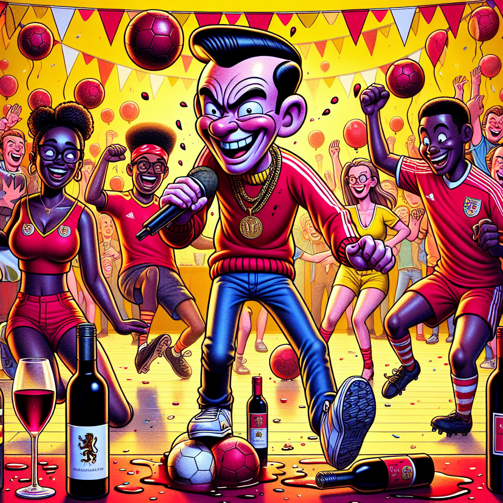 The scene is vibrant, with a backdrop of a cartoonish birthday party in full swing, splashed with a riot of reds and yellows. In the center, an animated character with a similar look clutches a microphone, identifiable by a distinctive hairstyle and cheeky grin. Around him, characters in red jerseys jubilantly kick a football, their faces flushed with excitement. A Black woman and a Caucasian man are prominent among them. Scattered across the table - drawn with exaggerated, playful curves - are bottles of red wine, their labels featuring little footballs, adding a sophisticated yet fun twist to the celebration.
Generated with these themes: Rick astley, Red wine, and Manchester united.
Made with ❤️ by AI.