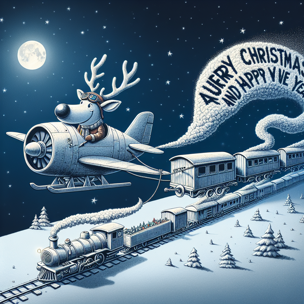 In this whimsical scene, a reindeer wearing a pilot's cap is at the controls of a plane pulling a sleigh-train hybrid through the snowy skies. The train cars spell out 'Merry Christmas and Happy New Year', while a puff of smoke from the train forms 'AUGURI DA SIA SRL' against the backdrop of a starry night.
Generated with these themes: Merry Christmas and Happy New Year from a company that produces equipment for trains and airplanes.
Made with ❤️ by AI.