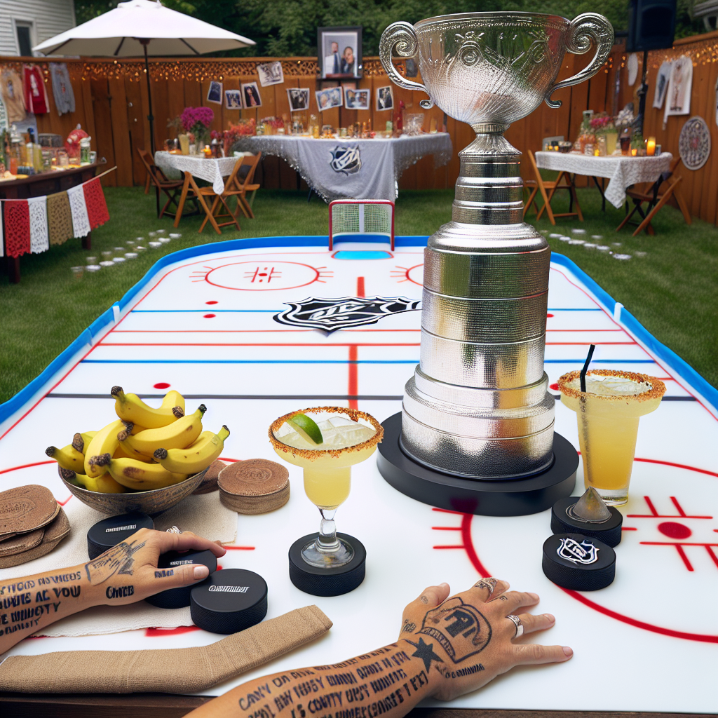 Imagine a backyard which is converted into a small hockey rink for a birthday party celebration. In the center, a large imitation of a iconic hockey championship trophy is placed. The guests at the party have temporary tattoos on their skin reflecting their admiration for country music. There's country music playing in the air, specifically popular tunes from notable artists in the genre. Tables around the yard are embellished with hockey pucks and decorations that suggest a Nashville influence. Margaritas, with their glasses ornately rimmed with salt and a splash of lime, are prevalent, imparting a lively and spirited ambiance to the gathering.
Generated with these themes: Stanley cup, Country music, Tattoos, Riley Green, and Margaritas.
Made with ❤️ by AI.