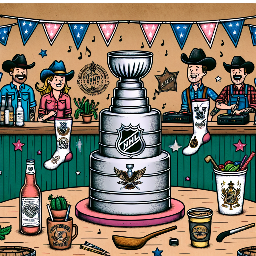 Depict a festive birthday party scene with a rustic theme that also shows a love for hockey. In the center, there should be a cake shaped like the Stanley Cup, surrounded by country-themed decorations. Have guests with various descents and both genders proudly showing off temporary tattoos that meld together iconic country music symbols and hockey imagery. Background music from a country singer should suggest a joyful and inviting atmosphere. Also include a bar, well-stocked with an array of differently flavored margaritas, inviting guests to indulge in their sweet and tangy taste.
Generated with these themes: Stanley cup, Country music, Tattoos, Riley Green, and Margaritas.
Made with ❤️ by AI.