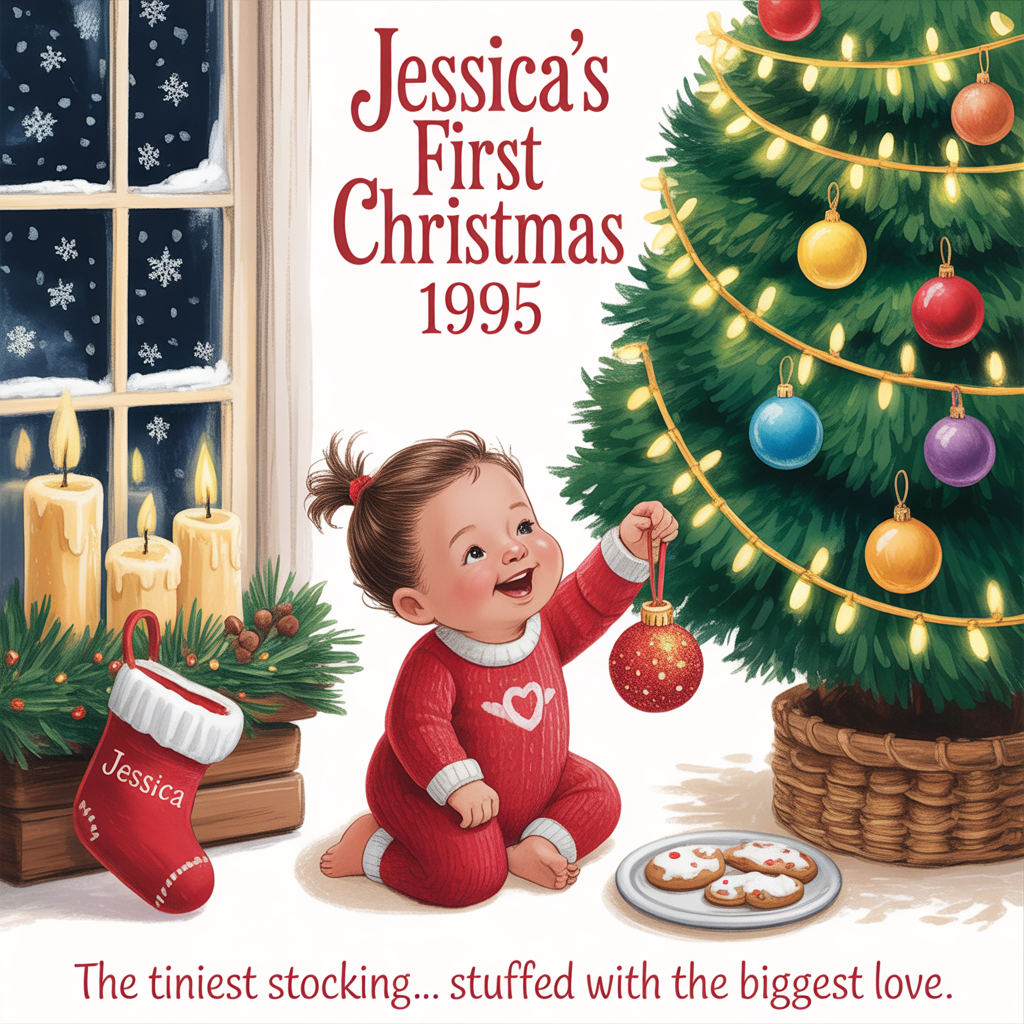 At the top of the image, "Jessica's First Christmas 1995"  

At the bottom of the image, "The tiniest stocking… stuffed with the biggest love."  

— In the center, illustrate a cozy, hand-drawn Christmas living room scene in warm, textured colors: a twinkling tree draped with colorful baubles and strands of tinsel, glowing fairy lights casting a soft golden hue, and under the tree, a plump baby in a red-and-white knit onesie (Jessica), giggling as she reaches for a glittery ornament. Beside her, a tiny stocking embroidered with “Jessica” hangs from the mantel, surrounded by chunky candles and evergreen garlands dusted with snow. Snowflakes drift softly outside the frosted window, and a plate of half-eaten cookies sits waiting for Santa. The whole scene should feel whimsical, heartwarming, and full of festive wonder.
Generated with these themes: Jessica's First Christmas 1995, and .
Made with ❤️ by AI.