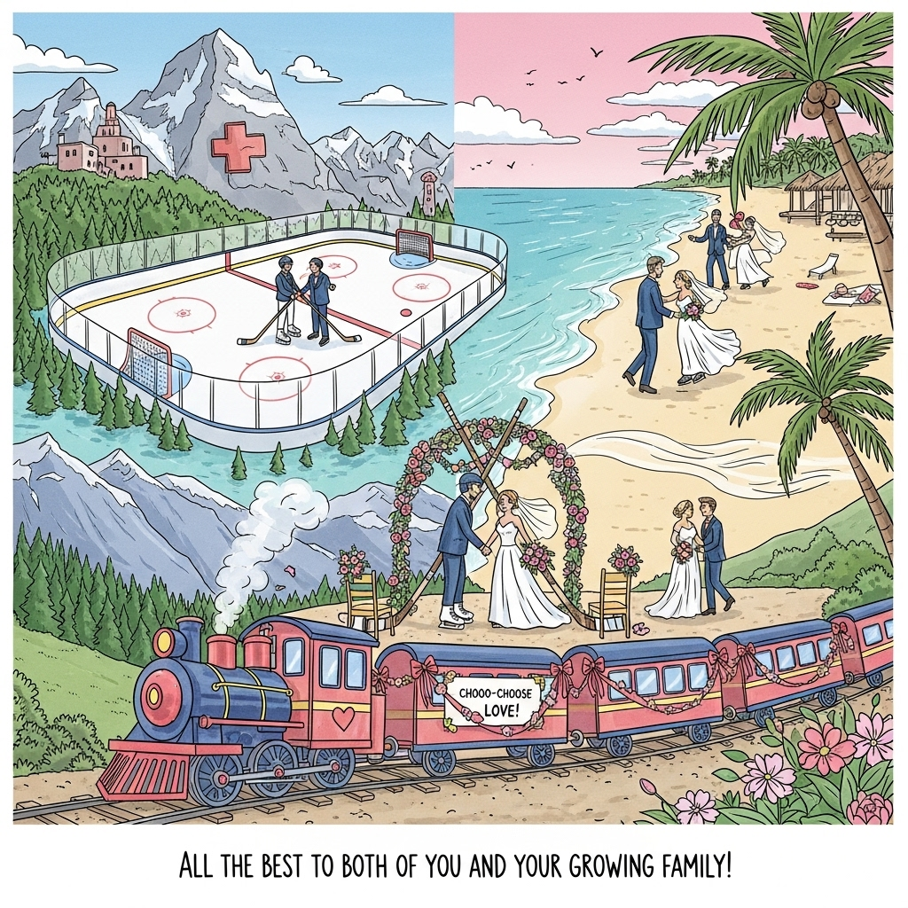 Ice hockey, trains, Utah, swiss mountains, florida, beach, and Wedding Card
