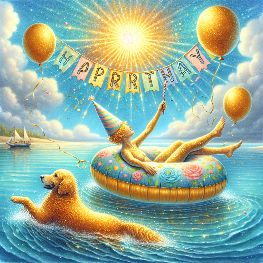 A whimsical birthday scene unfolds in an illustrated image where an unidentified person, adorned with a party hat, is floating on a cheerful inflatable ring. The sun beams down on calm, azure waters as a playful golden retriever paddles alongside, its fur shimmering like spun gold. Balloons and a banner embellished with 'Happy Birthday' flutter in the gentle breeze above.
Generated with these themes: Swimming, Golden retriever, and The name 'Fede'.
Made with ❤️ by AI.