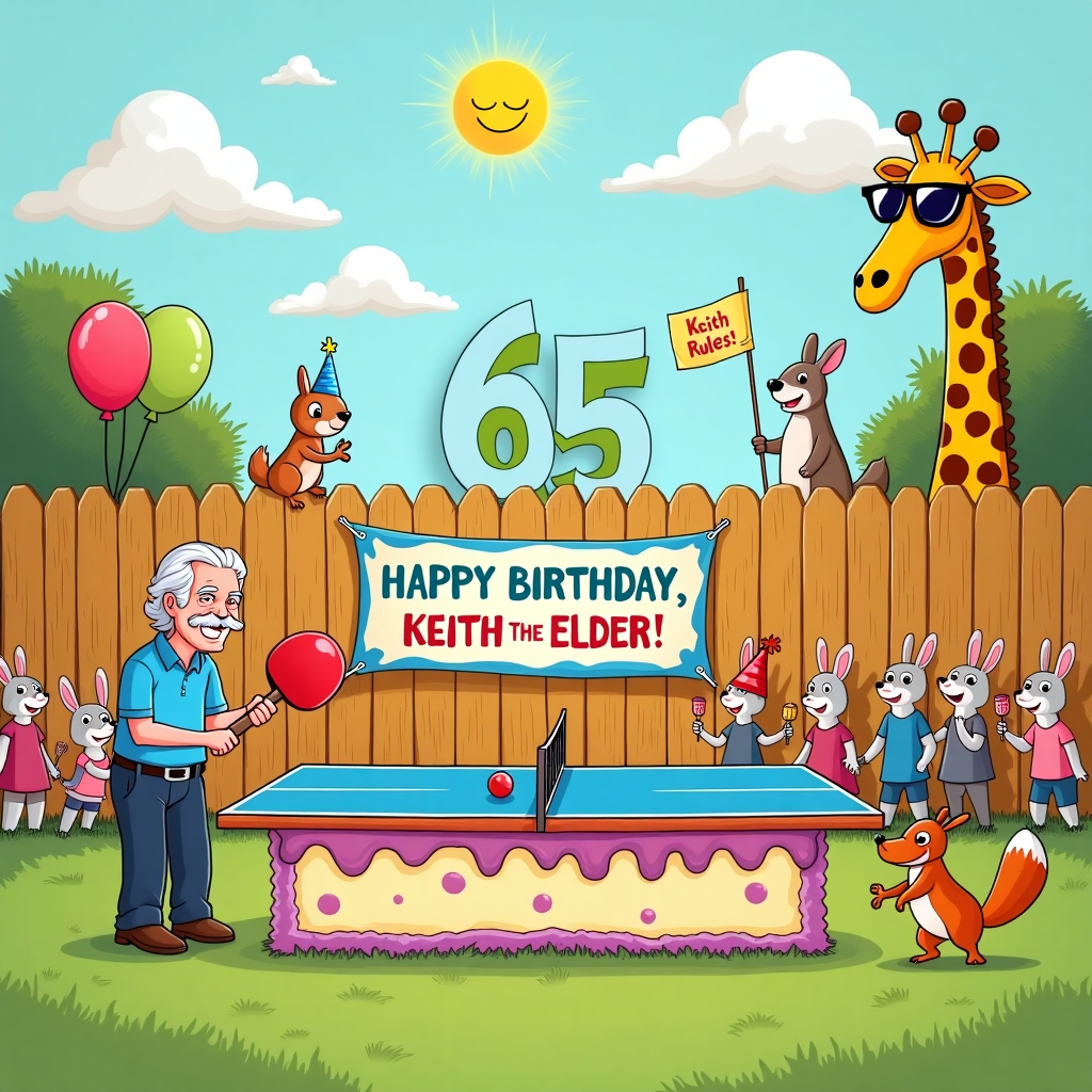 In this whimsical birthday card illustration, we're stepping into a vibrant and bustling backyard birthday party where the unexpected star of the show is a table tennis match with a twist. Front and center, a large, colorful table tennis table is set up. But instead of a typical net, there's a comically oversized birthday cake shaped net, dripping with icing and adorned with lit candles. On one side of the table stands a cartoon version of "Keith the Elder," a jovial elderly man with a twinkle in his eye, wielding an enormous paddle shaped like a slice of birthday cake. His opponent, a cheeky squirrel wearing a tiny sweatband, looks determined as it grips its own mini paddle. 

The backdrop is a cheerful scene with a hand-painted wooden fence decorated with a giant birthday banner that reads "Happy Birthday, Keith the Elder!" in vibrant, colorful letters. A cluster of helium balloons with Keith's name are tied to the fence, swaying gently in the breeze. To the right, a small crowd of animated animals – rabbits, birds, and a turtle – gather around, cheering and holding tiny flags with Keith's face on them. A tall giraffe, with its neck craning over the fence, wears a party hat and holds a sign saying, "Keith Rules!" 

In the sky above, fluffy clouds form the numbers "65," subtly nodding to the milestone. The sun, with a cheeky grin, peeks out from behind the clouds, wearing a pair of sunglasses as if ready to join the celebration. This playful and vibrant scene captures a moment of joy and camaraderie, inviting the viewer to step into the lively world of Keith's birthday bash.
Generated with these themes: Table tennis.
Made with ❤️ by AI.