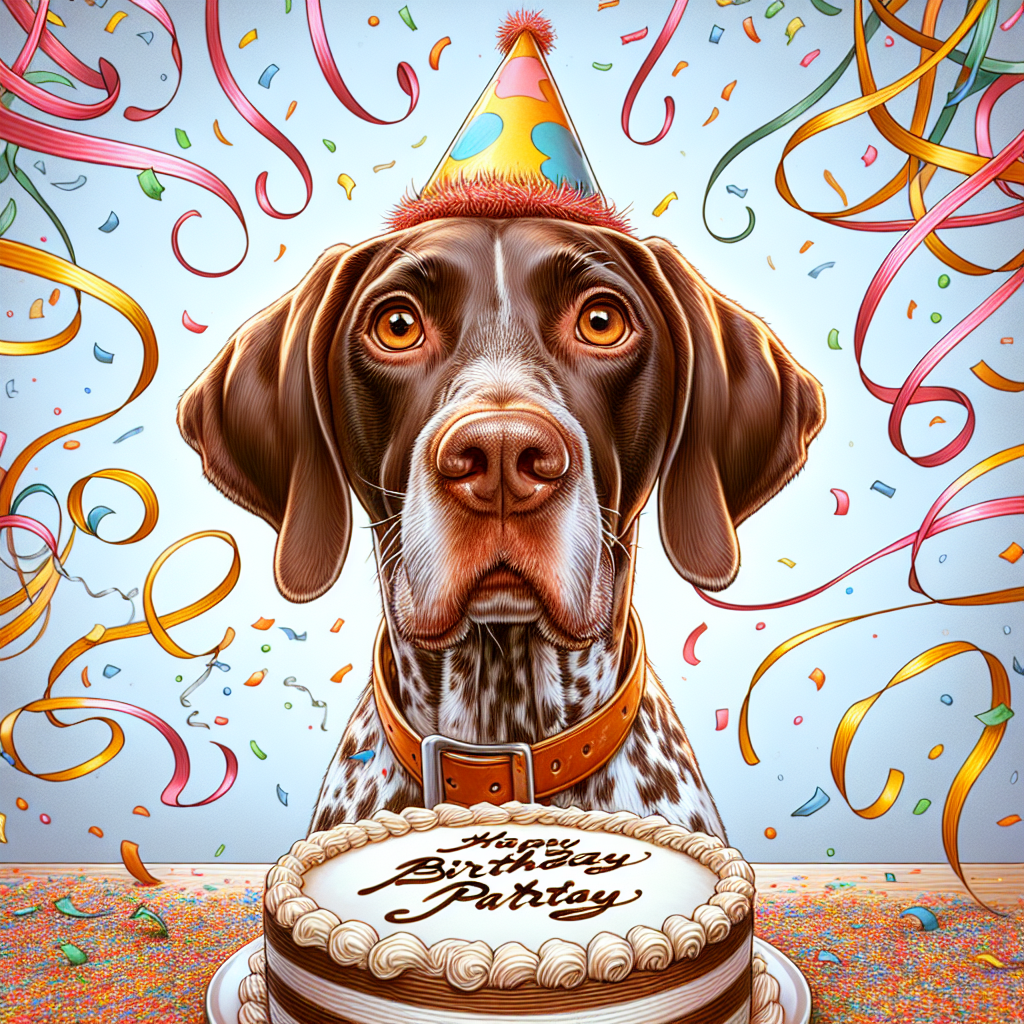 Create a vivid cartoon depiction of a lively birthday party. The central figure is an adult German Shorthaired Pointer with a liver and white ticked coat. The dog's shining coat stands out amidst swirling streamers and confetti. Capture the mirth in its brown eyes, reflecting the exuberance of the celebration. Its position is near a large cake that has been generously decked with icing. On top of the dog's head, place a comical party hat, symbolizing the festive occasion.
.
Made with ❤️ by AI.