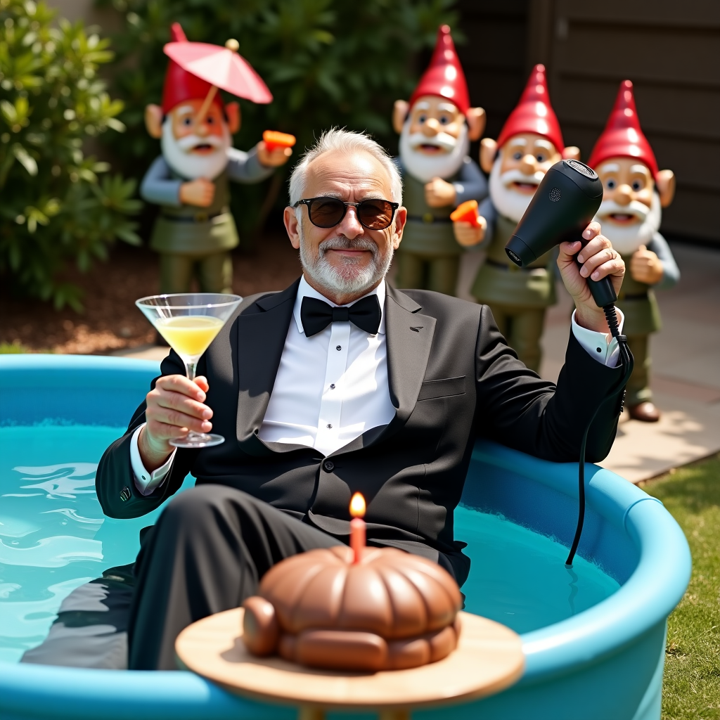 At the top of the realistic photograph image, "Stevano, you've officially survived another year—license to chill granted!"

**Image Prompt:**  
A hyper-realistic photograph of an elderly, rugged-looking man dressed like a suave secret agent—complete with tuxedo, bowtie, and sunglasses—lounging in a kiddie pool in his backyard. He's holding a hairdryer like a gun with total confidence, and has a martini (with an oversized paper umbrella) in the other hand. Behind him, garden gnomes are lined up like a security team, wearing toy headsets and wielding squirt guns. A birthday cake shaped like a grenade sits on a patio table nearby, with one candle comically struggling to stay lit under the blazing sun. The entire scene radiates action-hero-on-a-budget energy.
Generated with these themes: gun.
Made with ❤️ by AI.