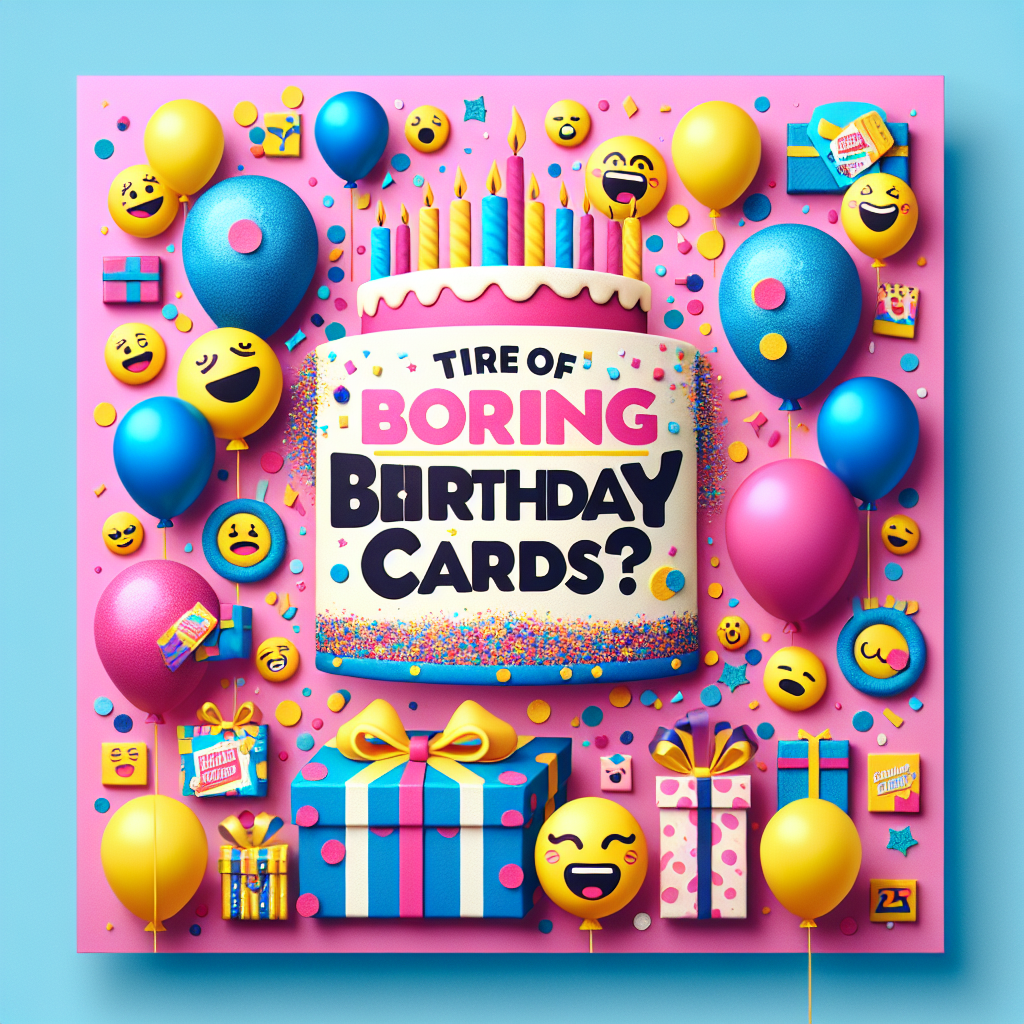 Create a visually striking, square-shaped advertisement with a festive ambience. Use a lively color palette of pink, blue, and yellow, complemented by a rain of multicolored confetti and levitating balloons. In bold, playful typography, make the provocative question, 'Tired of boring birthday cards?' prominent in the middle of the design. Surround this central call-to-action with cheerful illustrations embodying birthday celebrations, such as: smiling emojis, a tantalizing multi-tiered birthday cake adorned with icing and candles, and brightly wrapped birthday gifts.
Generated with these themes: A vibrant and eye-catching advertisement with a 1:1 ratio. The background is a mix of bright colors like yellow, pink, and blue with confetti and balloons. In bold, fun fonts, the phrase ‘Tired of boring birthday cards?’ is prominently displayed. Include playful graphics like smiling emojis, cake, and presents around the text to create a festive and lively atmosphere..
Made with ❤️ by AI.