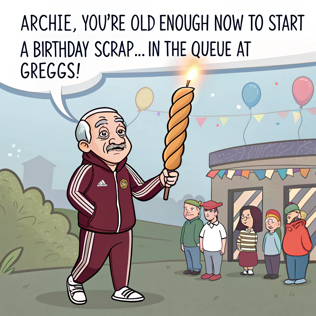 At the top of the image, "Archie, you're old enough now to start a birthday scrap... in the queue at Greggs!"

– Cartoon-style illustration of a cheeky chavvy birthday scene:
- Archie is in full trackie (Adidas stripes shining), standing in front of a Greggs shop.
- He's holding a giant sausage roll like a birthday torch while squaring up playfully to a pensioner trying to skip the line.
- Behind him, his mates are blowing vape clouds shaped like birthday balloons and holding a stack of party hats and Tesco bags full of energy drinks.
- A pitbull with a party horn in its mouth adds extra chaotic charm.
- There’s a discount banner above the Greggs window that says, “Buy 1 Get 29 – It’s Archie’s Birthday, Bruv!”
Generated with these themes: Chav activities.
Made with ❤️ by AI.