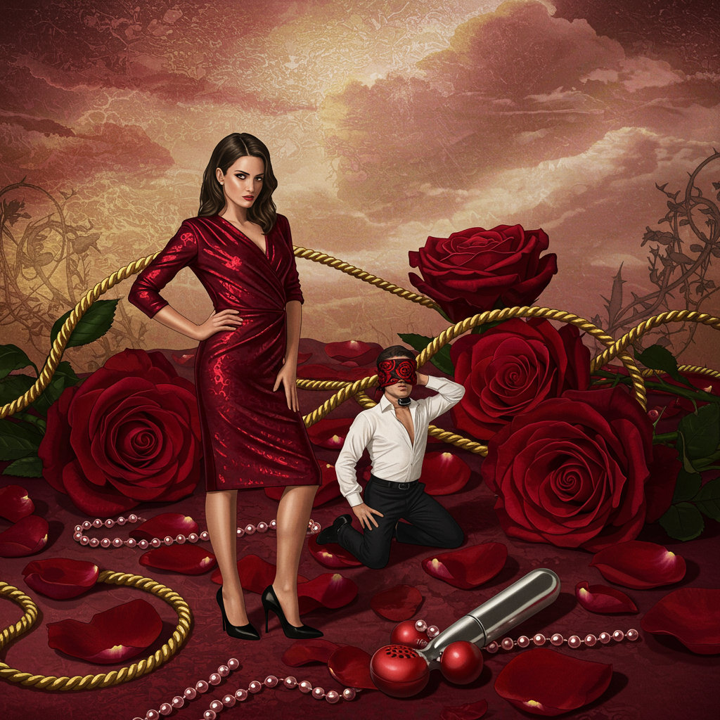 The scene captures a richly detailed Valentine's Day-themed composition, blending surreal realism with a touch of the whimsical.

**Foreground Elements:**
- A dominant woman stands poised and confident. She wears a sleek, form-fitting crimson dress that shimmers with an iridescent sheen. Her shoes, a pair of glossy black stilettos, are adorned with tiny rose-shaped buckles.
- The submissive man is on his knees before her, dressed in a tailored white shirt, slightly rumpled, and black slacks. The shirt is tugged upward into an atomic wedgie, creating an exaggerated, cartoonish arch.
- His eyes are covered with a silky blindfold, patterned with delicate red and black roses, providing intricate texture against the smooth fabric.
  
**Central Elements:**
- A luxurious spread of velvety red roses, some of which have their petals partially open, revealing the depth of their color. Interwoven through the roses are thin ropes, the strands glistening like spun gold under the light.
- A silver vibrator lies artfully nestled among the roses, its metallic surface reflecting the surrounding colors and textures.
- A stewl beaded chain snakes through the scene, the beads catching and refracting light, casting tiny rainbows on the petals and skin.

**Background Elements:**
- The background features an abstract, dreamy tapestry in soft hues of rose pink, gold, and deep burgundy, swirling together like clouds. The design subtly hints at a blooming garden with a barely perceptible lattice of vines and thorns woven throughout.
- Shadows play across the scene, adding depth and dimension, emphasizing the surreal quality of the artwork.

**Details and Textures:**
- The ropes are intricately knotted and artistically placed, their fibers detailed and tactile, inviting the viewer's eye to trace their loops and lines.
- Each rose petal is individually defined, with a gradient of red that moves from deep burgundy at the edges to a lighter crimson at the center, covered in dewdrop-like glistening droplets.
- The atomic wedgie is depicted with a sense of levity, its exaggerated form stretching the fabric taut and emphasizing the playful, surreal nature of the composition.

This scene should be crafted with meticulous attention to detail, ensuring that each element is vivid and lifelike, creating a Valentine's Day card cover that is both visually captivating and playfully provocative.
Generated with these themes: Dominant woman and submissive man, Roses, Ropes , Blindfold, Vibrator , Stewl beaded chain, Wedgies, and Atomic wedgie.
Made with ❤️ by AI.