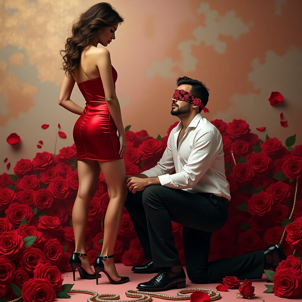 The scene captures a richly detailed Valentine's Day-themed composition, blending surreal realism with a touch of the whimsical.

**Foreground Elements:**
- A dominant woman stands poised and confident. She wears a sleek, form-fitting crimson dress that shimmers with an iridescent sheen. Her shoes, a pair of glossy black stilettos, are adorned with tiny rose-shaped buckles.
- The submissive man is on his knees before her, dressed in a tailored white shirt, slightly rumpled, and black slacks. The shirt is tugged upward into an atomic wedgie, creating an exaggerated, cartoonish arch.
- His eyes are covered with a silky blindfold, patterned with delicate red and black roses, providing intricate texture against the smooth fabric.
  
**Central Elements:**
- A luxurious spread of velvety red roses, some of which have their petals partially open, revealing the depth of their color. Interwoven through the roses are thin ropes, the strands glistening like spun gold under the light.
- A silver vibrator lies artfully nestled among the roses, its metallic surface reflecting the surrounding colors and textures.
- A stewl beaded chain snakes through the scene, the beads catching and refracting light, casting tiny rainbows on the petals and skin.

**Background Elements:**
- The background features an abstract, dreamy tapestry in soft hues of rose pink, gold, and deep burgundy, swirling together like clouds. The design subtly hints at a blooming garden with a barely perceptible lattice of vines and thorns woven throughout.
- Shadows play across the scene, adding depth and dimension, emphasizing the surreal quality of the artwork.

**Details and Textures:**
- The ropes are intricately knotted and artistically placed, their fibers detailed and tactile, inviting the viewer's eye to trace their loops and lines.
- Each rose petal is individually defined, with a gradient of red that moves from deep burgundy at the edges to a lighter crimson at the center, covered in dewdrop-like glistening droplets.
- The atomic wedgie is depicted with a sense of levity, its exaggerated form stretching the fabric taut and emphasizing the playful, surreal nature of the composition.

This scene should be crafted with meticulous attention to detail, ensuring that each element is vivid and lifelike, creating a Valentine's Day card cover that is both visually captivating and playfully provocative.
Generated with these themes: Dominant woman and submissive man, Roses, Ropes , Blindfold, Vibrator , Stewl beaded chain, Wedgies, and Atomic wedgie.
Made with ❤️ by AI.