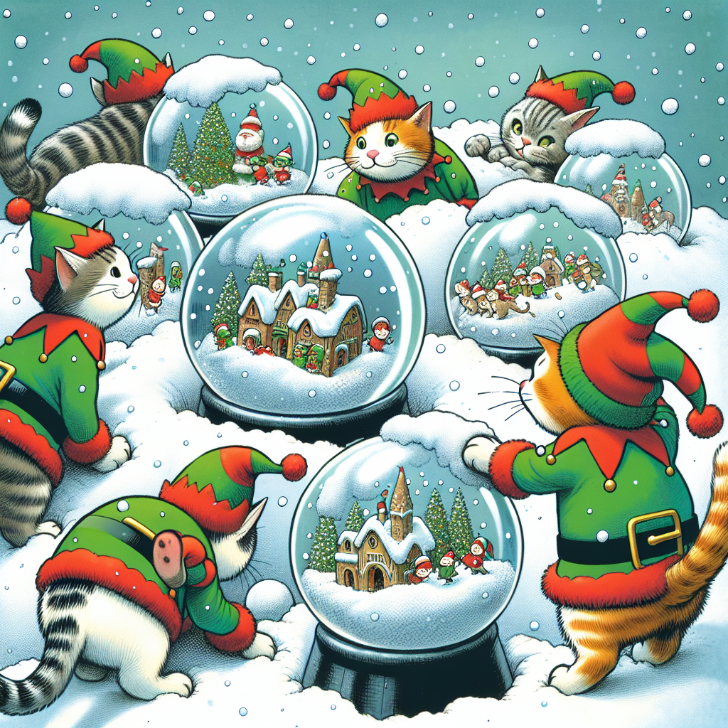 This cartoon captures the hilarity of cats engaging with snow globes in a Christmas setting. Surrounded by piles of snow, the kitties, dressed in elf costumes, are curiously peeking and poking at the globes, which encase quaint holiday villages, as snowflakes gently fall around them.
Generated with these themes: Cats doing cat things with snow globes .
Made with ❤️ by AI.
