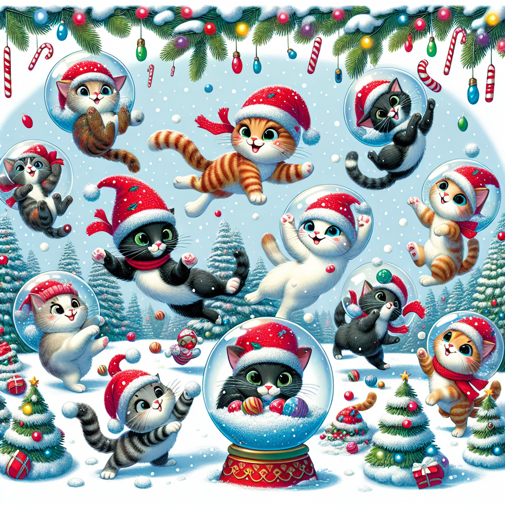 A whimsical cartoon scene featuring playful cats batting at snow globes, each with a tiny Christmas tree inside. The felines are adorned in red Santa hats, tumbling and leaping in a snow-covered landscape dotted with candy canes and colorful lights.
Generated with these themes: Cats doing cat things with snow globes .
Made with ❤️ by AI.