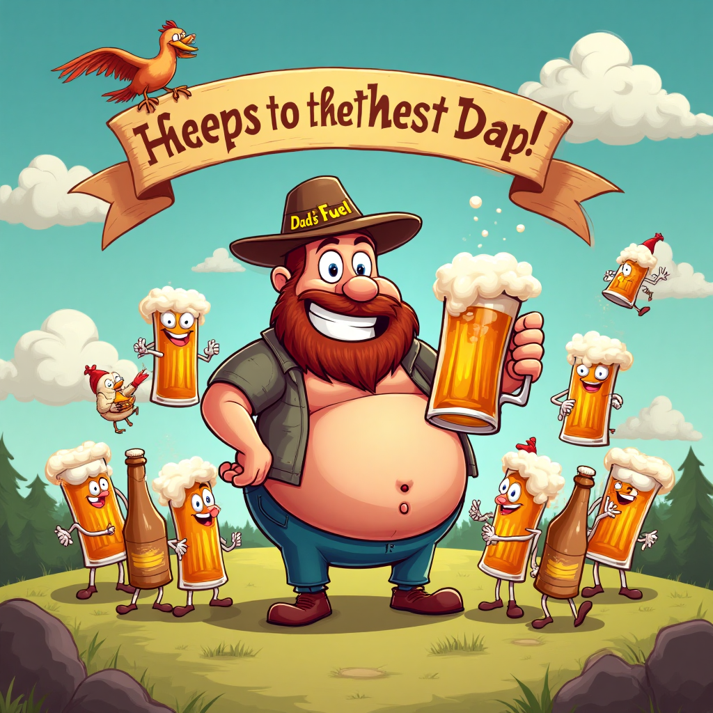 At the top of the Cartoon Style image, include the text: "Happy Fathers Day".

**Image Description:**

In the foreground, a cheerful, cartoon-style father figure with an exaggerated, round belly, holding a giant frothy mug of beer that looks almost as big as he is. The father has a comically oversized grin, wearing a funky hat with "Dad's Fuel" printed on it. He is surrounded by a group of animated, anthropomorphic beer bottles and glasses, each with quirky faces, arms, and legs, dancing around him in celebration. 

The background features a colorful, cartoonish landscape with playful clouds shaped like beer foam. In the sky, a whimsical banner carried by two smiling birds reads, "Cheers to the Best Pop!" The overall scene is bursting with bright, lively colors and a joyful atmosphere, making it a perfect, humorous Father's Day card.
Generated with these themes: Beer, and .
Made with ❤️ by AI.