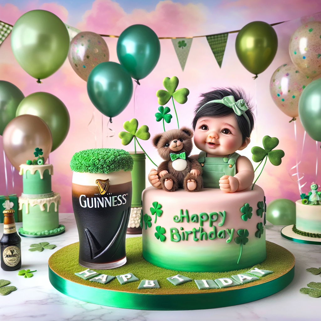 A delightful birthday celebration scene with elements of Irish heritage unfolds. At the heart of this picture, you see a lifelike, adorable baby of South Asian descent holding a cuddly toy that looks like a small pint of Guinness. Floating above are balloons colored in soft pastel greens, harmonizing delightfully with the lovely shamrock decorations scattered around the surroundings. Occupying a place of prominence is the birthday cake itself, a pure work of confectionery art. Decorated with fondant shaped as clovers and a pleasing 'Happy Birthday' script on top of its rich chocolate layers, the cake hints at the iconic Irish stout it is modelled on.
Generated with these themes: Irish , and Baby Guinness .
Made with ❤️ by AI.