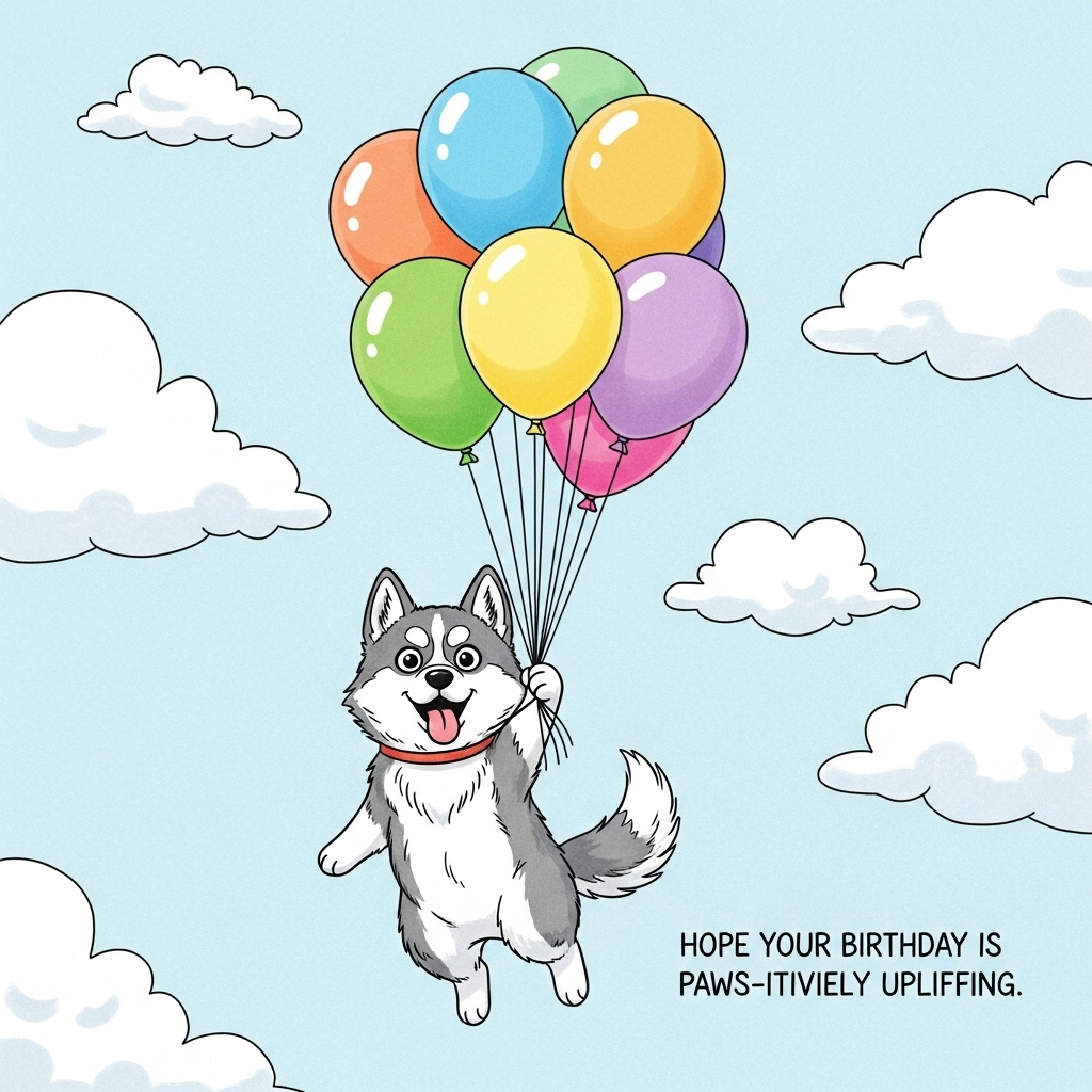 Cartoon husky with balloons , and Birthday Card
