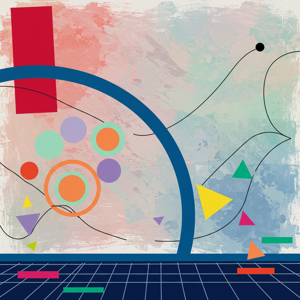 Front and center, an assemblage of bold geometric shapes coalesces into a vibrant landscape, evoking the essence of a joyful journey. Begin with a broad, sweeping arc in a deep cobalt blue stretching diagonally across the card. This arc represents a dynamic path, suggesting motion and exploration. On the upper left, a large, asymmetrical crimson rectangle sits slightly tilted, symbolizing a vibrant sunset, its edges soft yet defined.

Below the arc, an array of concentric circles in varying sizes scatter, each encased in colors of tangerine, mint green, and lavender. These circles represent the wellness theme, akin to tranquil bubbles of thought or droplets of refreshing spring rain.

Interspersed among the circles are small, jagged triangles in vivid canary yellow and magenta, each pointing in different directions. These triangles, reminiscent of signposts or guide markers, suggest navigation and discovery.

The background is a textured, ethereal wash of pastel pink and soft gray, subtly blended in a Rothko-esque manner, providing a serene yet complex backdrop. Thin, winding lines of black and white crisscross the card in a seemingly random Pollock-style fashion, adding layers of movement and connecting the disparate shapes.

Finally, at the bottom, a Mondrian-inspired grid of thin white lines over a deep midnight blue creates an abstracted horizon, anchoring the scene. Small rectangular planes in emerald and coral intersect the grid, hinting at far-off destinations or new horizons.

The scene is an abstract symphony of shapes and colors that celebrates the themes of travel and wellness without the direct depiction of motherhood, allowing the viewer to interpret and explore the visual journey.
Generated with these themes: Traveling, and Wellness.
Made with ❤️ by AI.