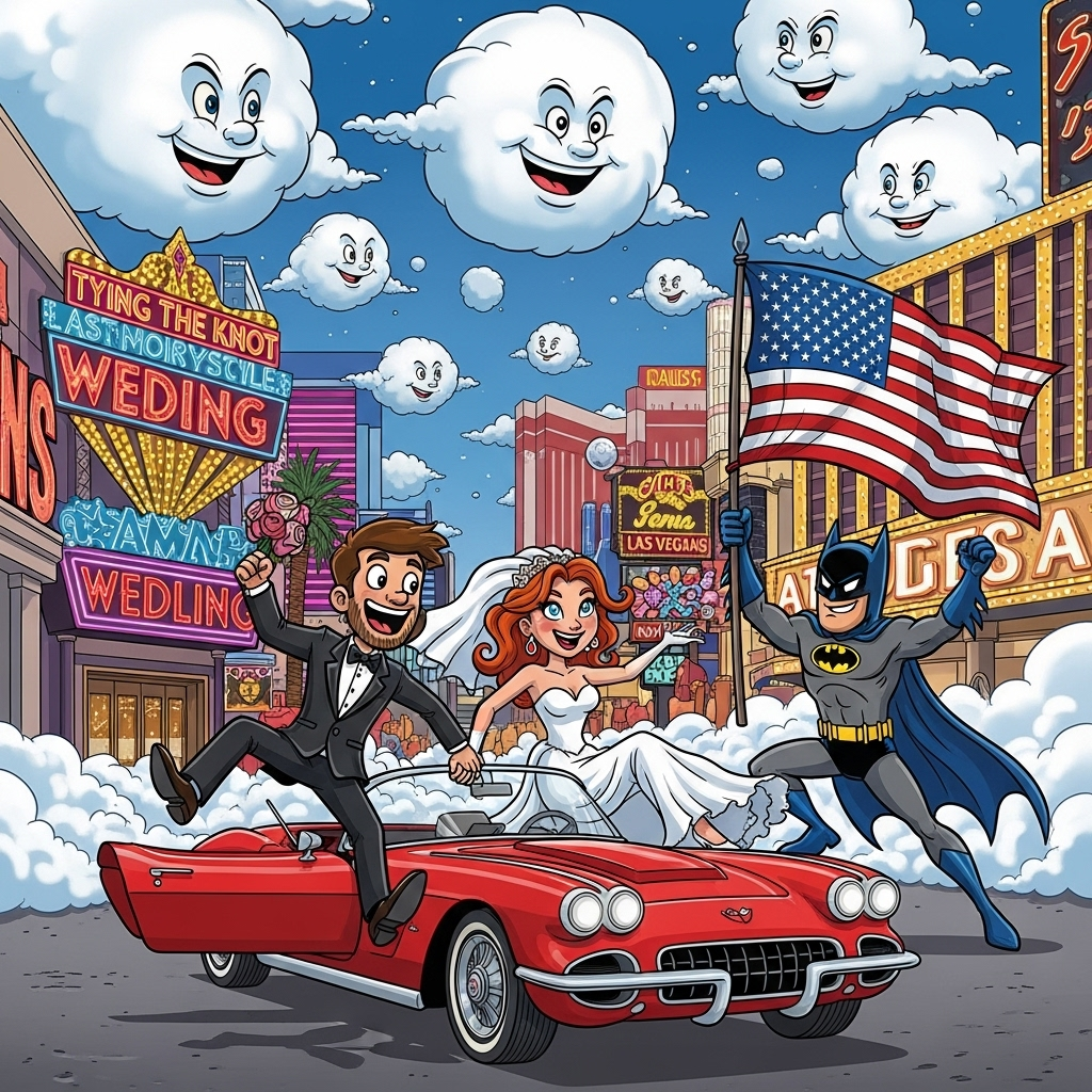 **Prompt for Image:**

A lively and vibrant cartoon scene bursting with playful elements. The image features a brown-haired man in a tuxedo and a red-haired woman in a flowing wedding dress, both with exaggerated, whimsical expressions, joyfully running out of a classic red Corvette parked in front of a neon-lit Las Vegas wedding chapel. The backdrop is a bustling Las Vegas strip with bright lights and towering casino buildings. Standing next to the couple is a cartoonish Batman holding an oversized American flag, striking a heroic yet humorous pose. The sky is filled with exaggeratedly large, fluffy clouds, each with a cheeky grin, and the scene is drenched in saturated colors and thick outlines, capturing the jubilant chaos of the moment.

Text on Image (optional): "Tying the Knot Vegas Style: Holy Matrimony, Batman!"
Generated with these themes: Brown hair man, Red hair woman, Red corvette, vegas, wedding chapel, Batman, american flag, and .
Made with ❤️ by AI.