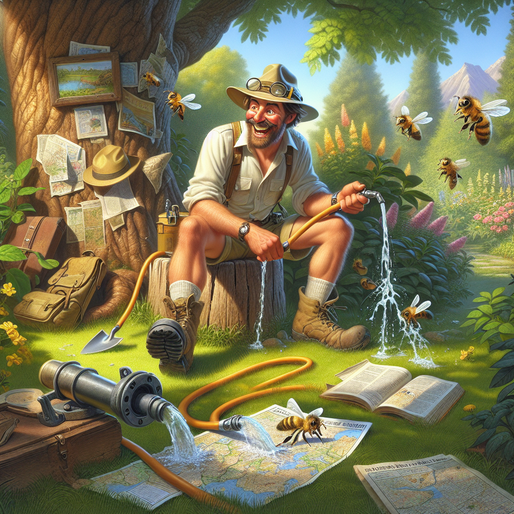 In a sunlit, cartoon-style scene reminiscent of a lively Father's Day, a man with a hat suggestive of an adventurer is taking a break from his hobbies. Perched on an old tree stump nearby are his explorer's hat and an array of disarrayed hiking maps, implying his recent return from an excursion. This Caucasian man is playfully wrestling with a garden hose in the foreground, which is amusingly leaking water in all directions. He kneels with a trowel in his hand, squinting with determination at his gardening project. A collection of bees are humorously interacting with him, some hovering in the air, and one even daringly perched on his nose. The backdrop paints a picture of thriving flora and buzzing wildlife, showcasing his love for nature.
Generated with these themes: Hiking, Maps, Gardening, Explorer hat, Man, Bees, and Nature.
Made with ❤️ by AI.
