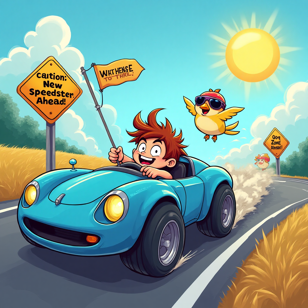 At the top of the Cartoon Style image, add the text: **Congrats Inaya**

---

Imagine a vibrant and whimsical cartoon scene featuring a jubilant blue sports car with oversized wheels and a sleek design. The car has a mischievous face, with big, expressive eyes and a wide grin, exuding personality and excitement. Behind the wheel, a cartoon character with wild hair and a triumphant expression is driving with both hands on the steering wheel, their eyes wide with exhilaration. The car zooms down a curvy road, leaving a trail of animated smoke and motion lines to emphasize its speed.

In the background, exaggerated road signs with humorous messages like "Caution: New Speedster!" and "Zoom Zone Ahead!" add to the playful atmosphere. Nearby, cartoon birds wearing tiny helmets cheer and wave flags that say "You Passed!" The sky is a bright, cloudless blue, and the sun sports sunglasses, giving a wink to the new driver.

For a cheeky touch, incorporate a small speech bubble near the car with the phrase, "License to Thrill!"
Generated with these themes: Driving Blue Sports Car, Speedster, Passed Driving Test, and .
Made with ❤️ by AI.