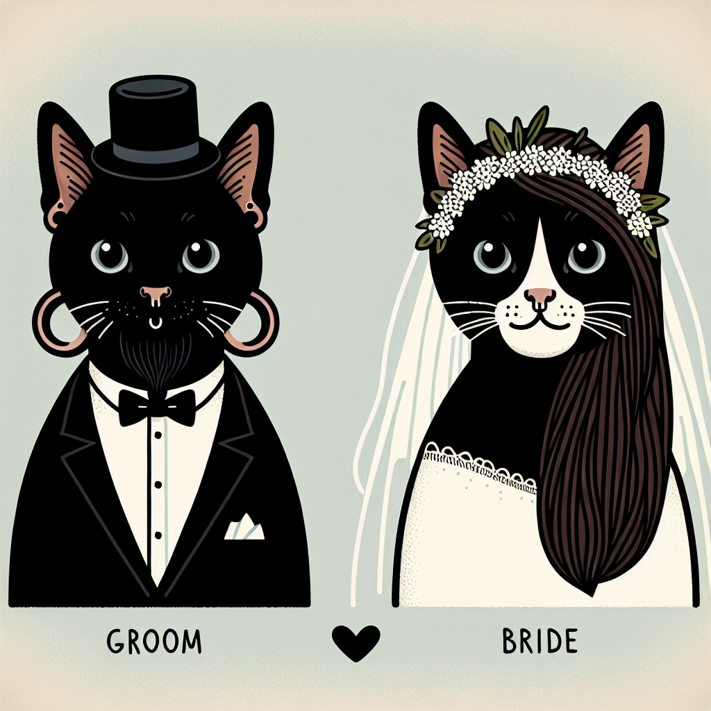 Create a humorous wedding illustration of two black cats. The groom cat possesses an air of coolness, characterized by a flesh tunnel earring in his ear, a neatly groomed short black beard, and a charming short black wig. The bride cat, possessing a distinguishing white nose, embodies bridal beauty with a flowing long brown hair wig. These slightly offbeat yet endearing qualities of the cats make the illustration a unique and charming testament to their special day.
Generated with these themes: Two black cats with white noses getting married, Male cat flesh tunnel earing and black short beard and short black wig, and Female cat long brown hair wig.
Made with ❤️ by AI.