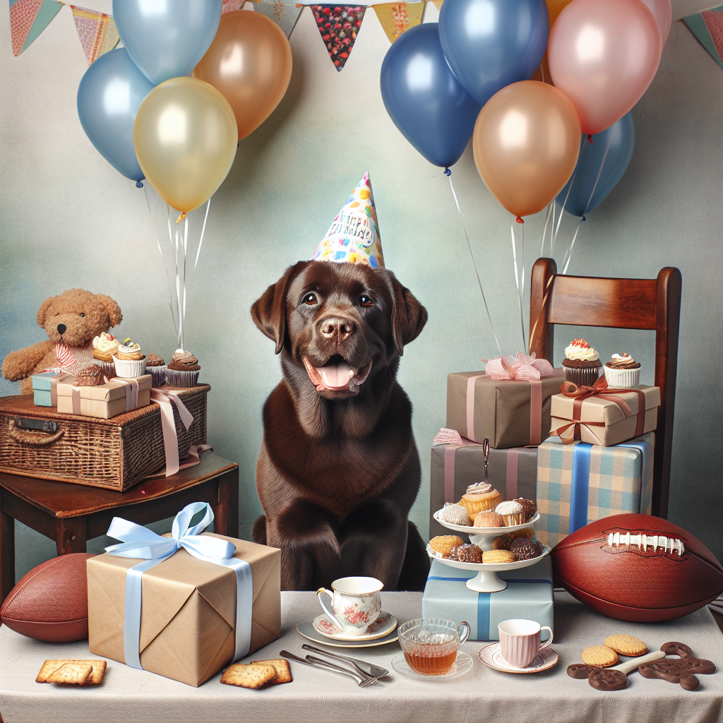 The cute illustration captures a joyous birthday theme with a charming chocolate Labrador sitting beside a pile of presents. Festive balloons float above as the dog dons a party hat, its tail wagging excitedly. In the backdrop, there's a picnic setup featuring a football and a laid-back tea party spread with delicate cups and a variety of biscuits, adding a cozy and playful touch to the scene.
Generated with these themes: Chocolate labrador, Football, Tea, and Biscuits .
Made with ❤️ by AI.