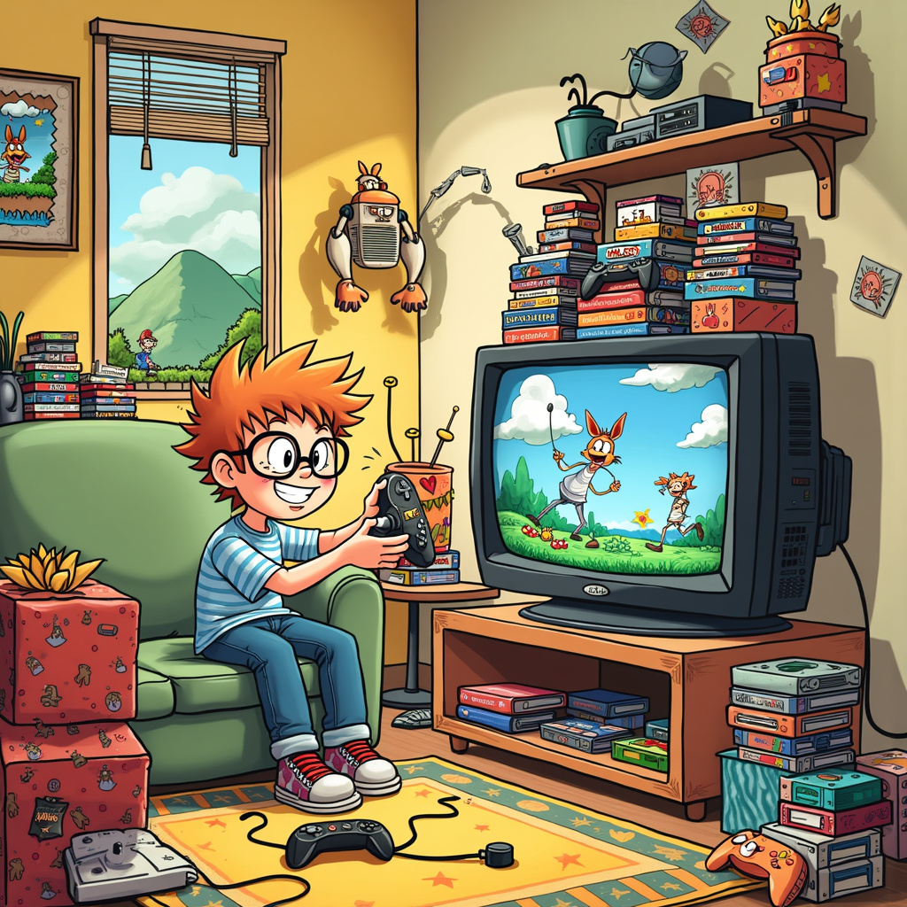 Sure! Here’s a detailed description of the scene for the greeting card:

**Scene Description:**

The cover features a comical, brightly colored living room, designed to have a cozy yet chaotic feel, reflecting the enthusiasm and energy of a young gamer boy on his birthday. In the center of the scene, a young boy with spiky hair, exaggeratedly large glasses, and a broad grin is enthusiastically playing a video game on an oversized, old-school CRT television set. The TV screen displays a pixelated image of a vibrant, action-packed video game, with characters resembling a mix between classic 8-bit sprites and modern avatars, reminiscent of Charles Schulz's simple yet expressive style combined with Osamu Tezuka's detailed character designs.

To the left, there's a small table stacked high with a haphazard pile of video game cartridges and discs, their labels humorously parodies of popular games like "Super Mario Bros" but with quirky titles like "Super Birthday Bash". Some of the game cases are opened, with cartridges and discs spilling out in a playful, Gary Larson-esque chaotic fashion.

Above the TV, a shelf holds a row of action figures and plushies of iconic video game characters, from a blocky, robot-like hero in Astro Boy's style to a sneaky ninja with a mischievous grin, similar to a character from Calvin and Hobbes. Each figure is meticulously detailed, as if they are ready to jump off the shelf and join the fun.

On the right side of the scene, a quirky, anthropomorphic game controller with big googly eyes and cartoonish limbs, reminiscent of a Bill Watterson character, is handing the boy a present wrapped in bright, cheerful paper with video game icon patterns. The present is a cleverly drawn joystick, suggesting a perfect gift for a gamer, with a tag that reads, "Happy Birthday, Level Up!" in a bold, playful font.

In the background, the walls are adorned with posters of iconic video game landscapes and scenes, drawn in a style that combines the whimsical nature of Hergé’s Tintin adventures with the surreal elements of Winsor McCay’s Little Nemo in Slumberland. There's a window with a view of a sunny, pixelated 8-bit landscape outside, adding to the nostalgic video game vibe.

At the bottom of the card, a cheeky cat, drawn in a simplistic yet expressive R. Crumb manner, is batting at a controller cable, adding an extra layer of humor to the scene. 

Overall, the scene is packed with delightful, video game-related details, blending the illustrative inspirations of classic comic and cartoon artists to create a vibrant, humorous, and heartwarming birthday greeting card.
Generated with these themes: Gamer boy, and Video games.
Made with ❤️ by AI.