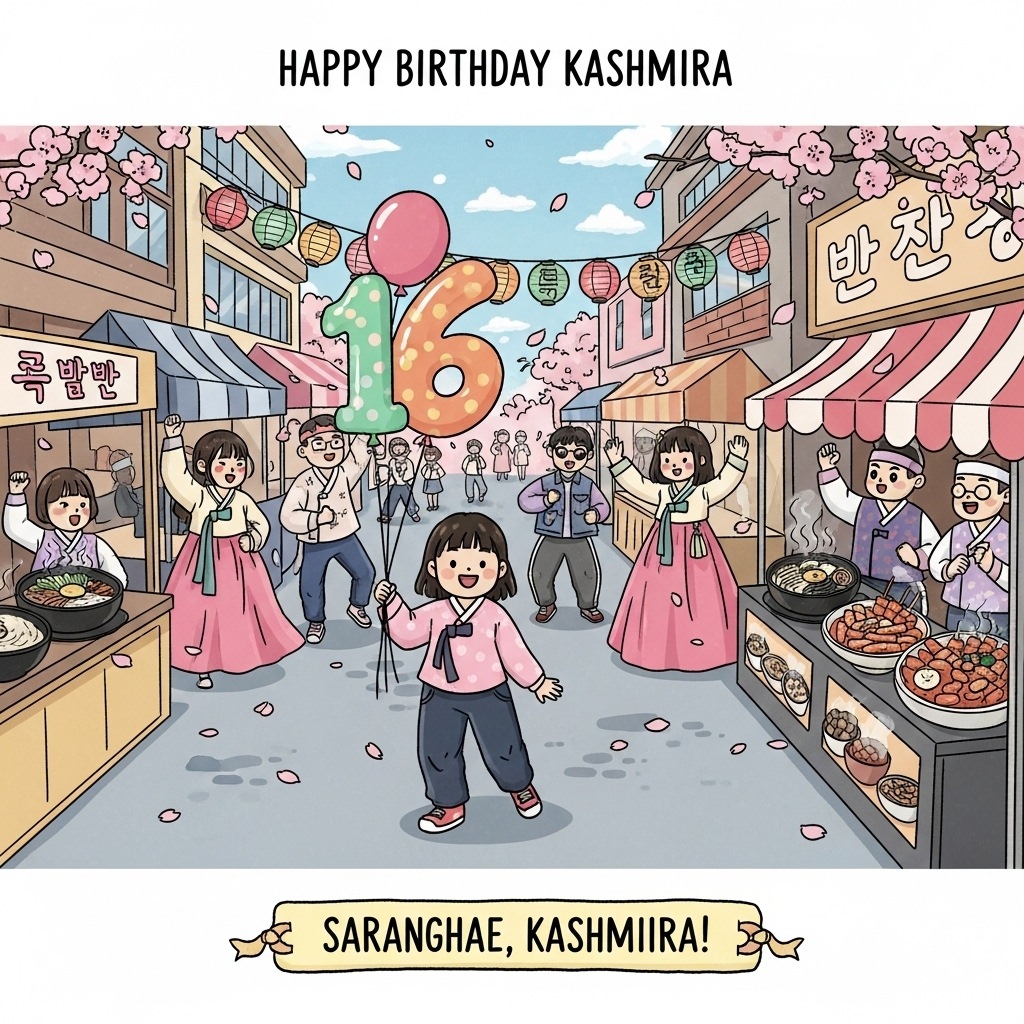 At the top of the Illustration Style image, write: "Happy Birthday Kashmira"

Create a delightful scene featuring a whimsical, hand-drawn illustration of a vibrant Korean street festival. In the foreground, a young girl joyfully holds a colorful balloon shaped like the number '16'. The background is bustling with playful K-pop-inspired characters dancing and celebrating with traditional Korean hanboks and modern streetwear. Stalls adorned with steaming bowls of bibimbap and sizzling tteokbokki add a delicious flair to the scene. Cherry blossoms softly flutter around, creating a dreamy atmosphere. 

Include a small, playful banner at the bottom of the image that reads: "Saranghae, Kashmira!" in a cute handwritten style, subtly tying in the birthday and love for Korean culture.
Generated with these themes: 16th birthday, She loves korea and kpop, She loves korean food and culture, and .
Made with ❤️ by AI.