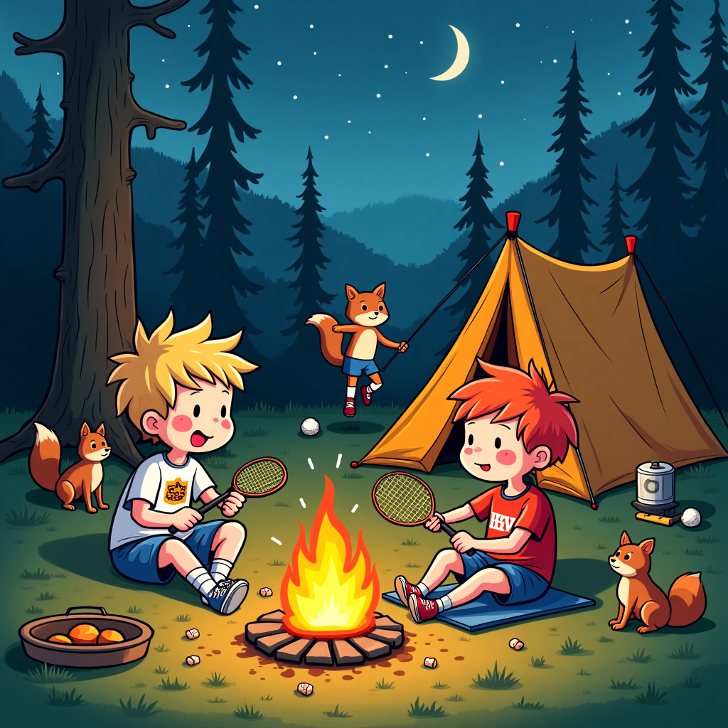 **Prompt:**

*At the top of the cartoon image: "Happy Campfire Birthday, Wiebke & Torben — May Your Tents Stay Upright and Your Shuttlecocks Never Get Lost!"*

**Image Description Prompt:**

Create a colorful, funny cartoon scene at a forest campsite at twilight. In the center, Wiebke (short blonde hair, sporty) and Torben (short red hair, enthusiastic) sit around a glowing campfire. Torben is comically multitasking—holding a fishing rod in one hand (which has somehow snagged Wiebke’s badminton racket), a table tennis paddle in the other, and wearing a jersey with the HSV (Hamburger SV) logo. He has soccer socks on but one boot is half-melted by being too close to the fire.

Wiebke is trying to untangle the racket while snapping photos of a curious raccoon stealing a yoga mat in the background. She's balancing expertly on one foot in a tree-pose yoga stance, even while laughing.

Behind them, their tent is hilariously half-collapsed, a shuttlecock is stuck on the antenna, and the kettle is steaming over the fire with marshmallows falling into it. Lighthearted woodland critters (a squirrel with a GoPro and a fox in soccer cleats) are gathered nearby watching the spectacle.

Include twinkling stars, silly fireflies shaped like soccer balls and badminton birds, and a vibe that’s pure chaotic camping birthday bliss. Make the scene brimming with character, color, and energy!
Generated with these themes: Couple at the campfire. his name is Torben and he have red and short hair. Her name is Wiebke and she have blonde and short hair. She love to play badminton and he plays soccer and tabletennis. They love to camp, he loves fishing, she loves to take photographs. He really loves the German soccer club hsv and she loves yoga.
Made with ❤️ by AI.