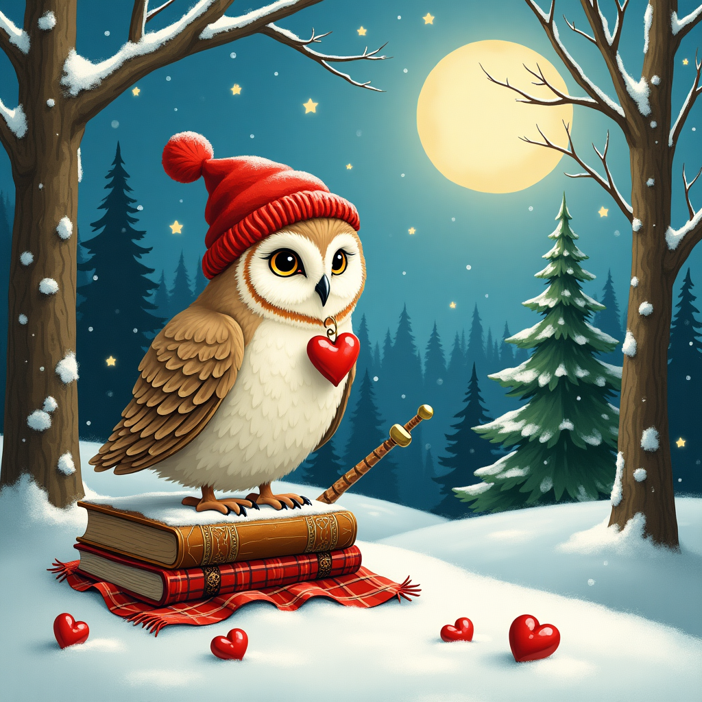 Valentines owl with hearts and books Christmas Card