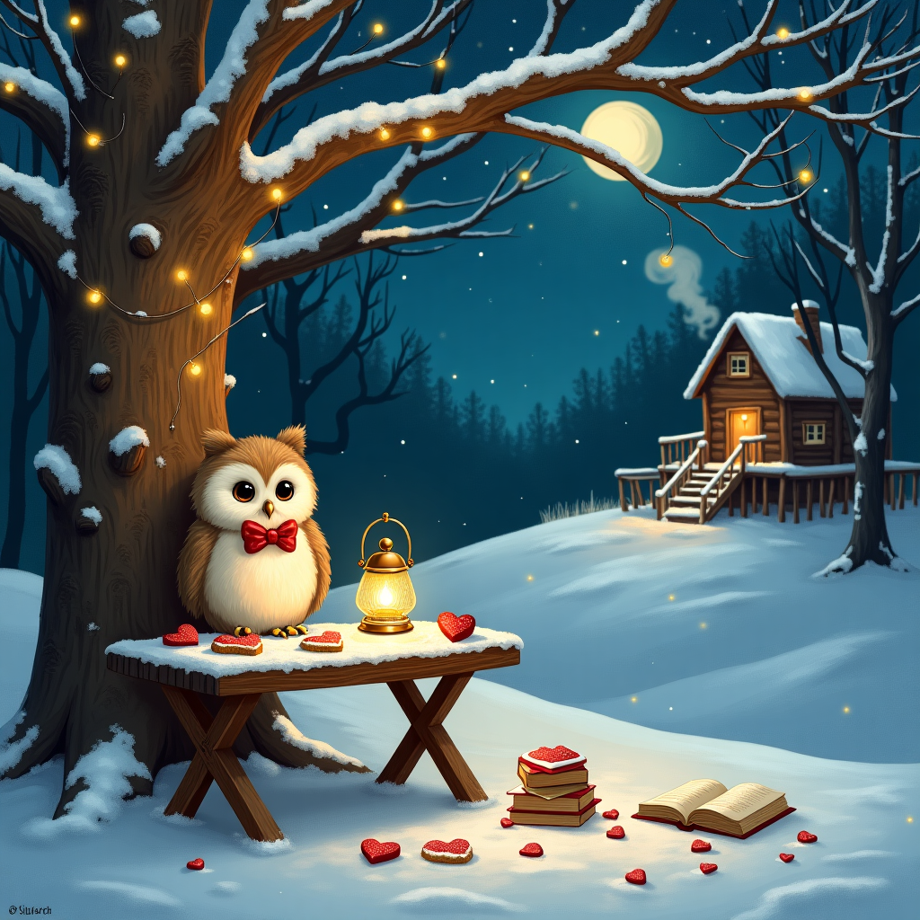 Valentines owl with hearts and books Christmas Card