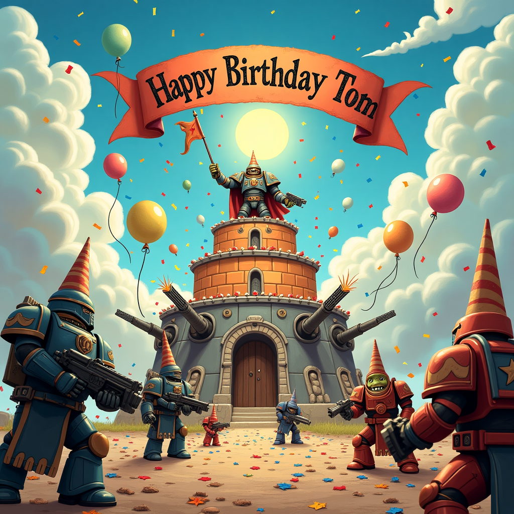 In a whimsical and hilarious mashup of Warhammer 40K and classic birthday cheer, the scene is set on a vivid and dynamic battlefield where pint-sized Space Marines, with oversized helmets and bubble guns, are playfully skirmishing with a legion of mischievous Orks wielding party hats instead of axes. The ground is strewn with confetti instead of rubble, and brightly colored balloons float about as if they are some peculiar cosmic flora. Center stage, a giant cake that looks like a fortified bunker towers over the battlefield. It’s adorned with layers of fondant fashioned like reinforced metal plates, with edible cannons that spew streams of sparklers into the sky. Perched atop the cake, an imperious yet jolly Emperor of Mankind figure waves a frosting-decorated party flag.

Hovering in the sky are clouds intricately shaped like iconic Warhammer weapons and vehicles, casting fun shadows on the scene below. In the very heart of the sky, the clouds magically part to reveal a majestic floating banner that reads "Happy Birthday Tom!" in an ornate gothic font, reminiscent of an epic manuscript. The sun, peeking cheekily from behind the banner, has been anthropomorphized with a winking face, adding to the scene's playful absurdity.

Flanking the cake fortress, a couple of friendly Tyranid creatures, instead of being menacing, are portrayed with oversized comical eyes and goofy smiles as they hold party streamers with their tentacles. Nearby, a Chaos Sorcerer, entirely decked out in flamboyant party attire, conjures a spell that transforms fallen leaves into colorful confetti bursts, showering the revelers below.

This birthday card scene combines the epic grandeur of Warhammer 40K with the whimsy of a Norman Rockwell family celebration, all while incorporating the playful intricacies and humor found in a Quentin Blake illustration.
Generated with these themes: Warhammer 40K.
Made with ❤️ by AI.