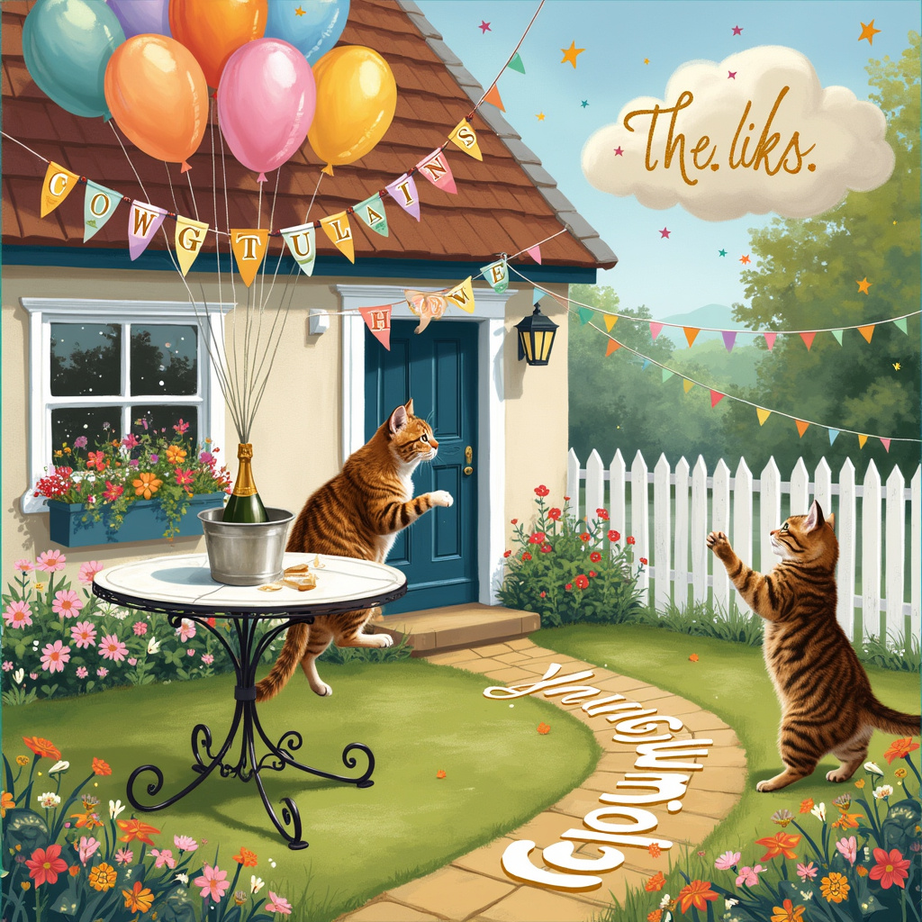 The front cover of the greetings card bursts with vibrant, celebratory energy. The scene unfolds in the front yard of a charming new home, a cozy cottage with a white picket fence and blooming flowerbeds. Towering above the house, helium-filled balloons spell out "NEW HOME" in shimmering gold letters. 

In the foreground, two mischievous tabby cats play an integral role. One tabby cat is perched on the fence, batting at a string of colorful "Congratulations" bunting that zigzags across the yard. The other tabby cat is joyously pouncing around a bottle of champagne, which is nestled in a silver ice bucket sitting on a decorative wrought-iron garden table. The cork has just popped off, with effervescent bubbles sparkling mid-air.

To the left of the scene, there's a large, whimsical welcome mat at the front door that reads "The Lisks" in elegant, swirling script. This draws immediate attention and serves as a warm, personal touch. Above the door, a festive banner strung between two flowering window boxes also spells out "The Lisks" in bright, cheerful letters.

In the sky, a fluffy white cloud, subtly shaped like a champagne flute, adds a quirky touch. On this cloud, "The Lisks" is written in delicate, cursive cloud-like lettering, making it appear as though the sky itself is joining in the celebration.

Each element of the scene, from the playful cats and the celebratory bunting to the personalized welcome mat and cloud message, contributes to a lively, detailed tableau that tells the story of a joyous new beginning for "The Lisks."
Generated with these themes: New Home, Two Tabby cats, Champagne, Congratulations bunting, and New Home Balloons.
Made with ❤️ by AI.