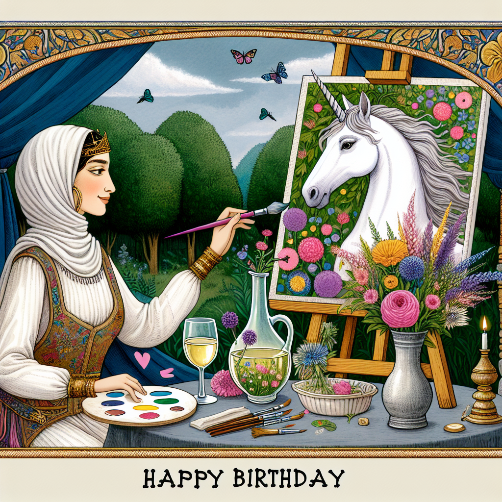 An enchanting birthday illustration featuring a content female Middle-Eastern painter applying vibrant hues to canvas to portray a garden under the tranquil watch of a unicorn. In the forefront, a table gracefully arrayed with a carafe brimming with wildflowers and a crisp glass of white wine adds a hint of sophistication and festivity to the overall scenario.
Generated with these themes: Artist, Gardener, White wine , and Unicorn.
Made with ❤️ by AI.