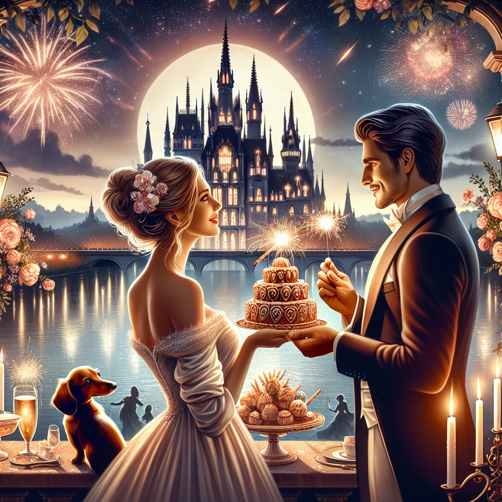 France , Bride and groom , Disney , Insurance , Small brown dog dashund  , Italian and British , Croque en bouche , Sparklers , and Fireworks Anniversary Card