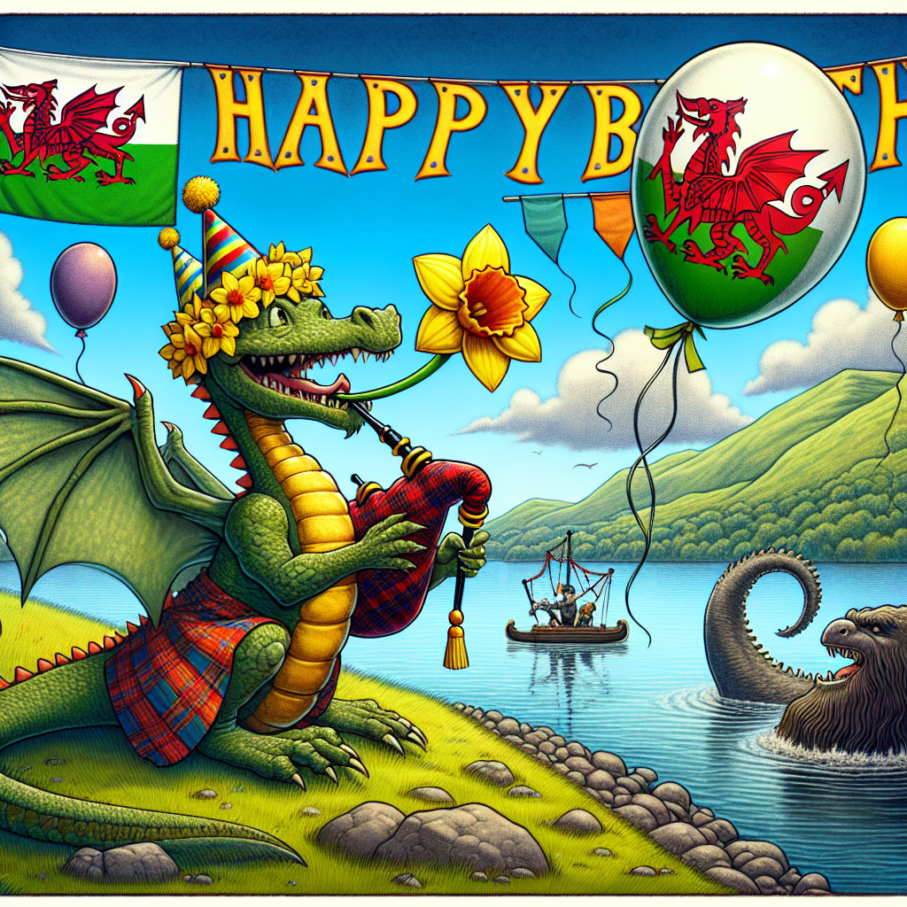 Create an image displaying a joyful setting where a comically depicted dragon is adorned with a yellow daffodil party hat and is holding a bagpipe. The dragon comfortably sits atop a verdant hill. From the waters of a serene lake, we see the Loch Ness Monster joining in on the fun, with birthday balloons colorfully bobbing on the water's surface. Suspended in the sky is a banner fluttering in the wind. It reads 'Happy Birthday' in bold Celtic-style lettering. The backdrop to all this is a combination of two flags: the flag bearing a dragon from Wales, and the Saltire cross of Scotland.
Generated with these themes: Dragons, Wales, and Scotland .
Made with ❤️ by AI.