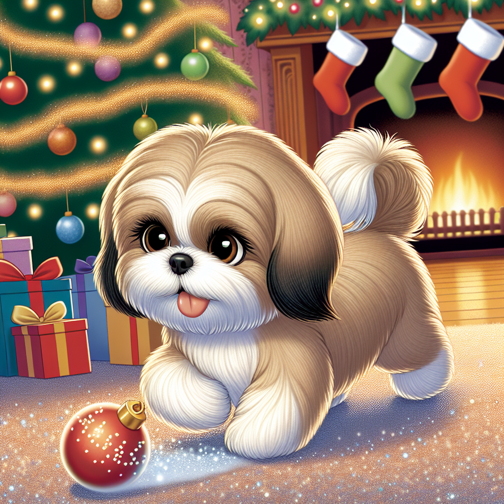 A cartoon vignette captures a slender adult Shih Tzu, its beige coat contrasting against a whimsical Christmas backdrop. With dark brown eyes sparkling, the dog engages in playful antics, chasing after a rolling ornament on the soft carpet dusted with glittering tinsel, while stockings hang eagerly from the mantel above.
.
Made with ❤️ by AI.