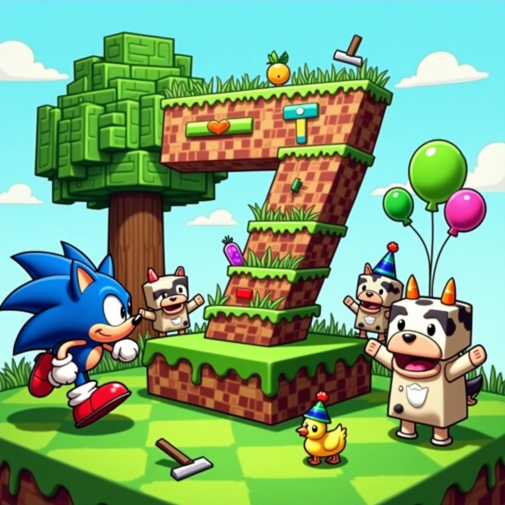 In a whimsical, cartoon-style setting, a fast-running anthropomorphic blue hedgehog dashes around an extravagantly designed cake, which is shaped like the number '7' and inspired by a popular block-building game. Decorative elements such as blocks of grass, soil, and precious gems make up the background, accompanied by green, patterned balloons and characters from the same block-building game. The ambience perfectly encapsulates the joyous and youthful vibe of a 7th birthday party, appealing greatly to an enthusiast of both the super-fast blue hedgehog and the block-building game. Birthday Card