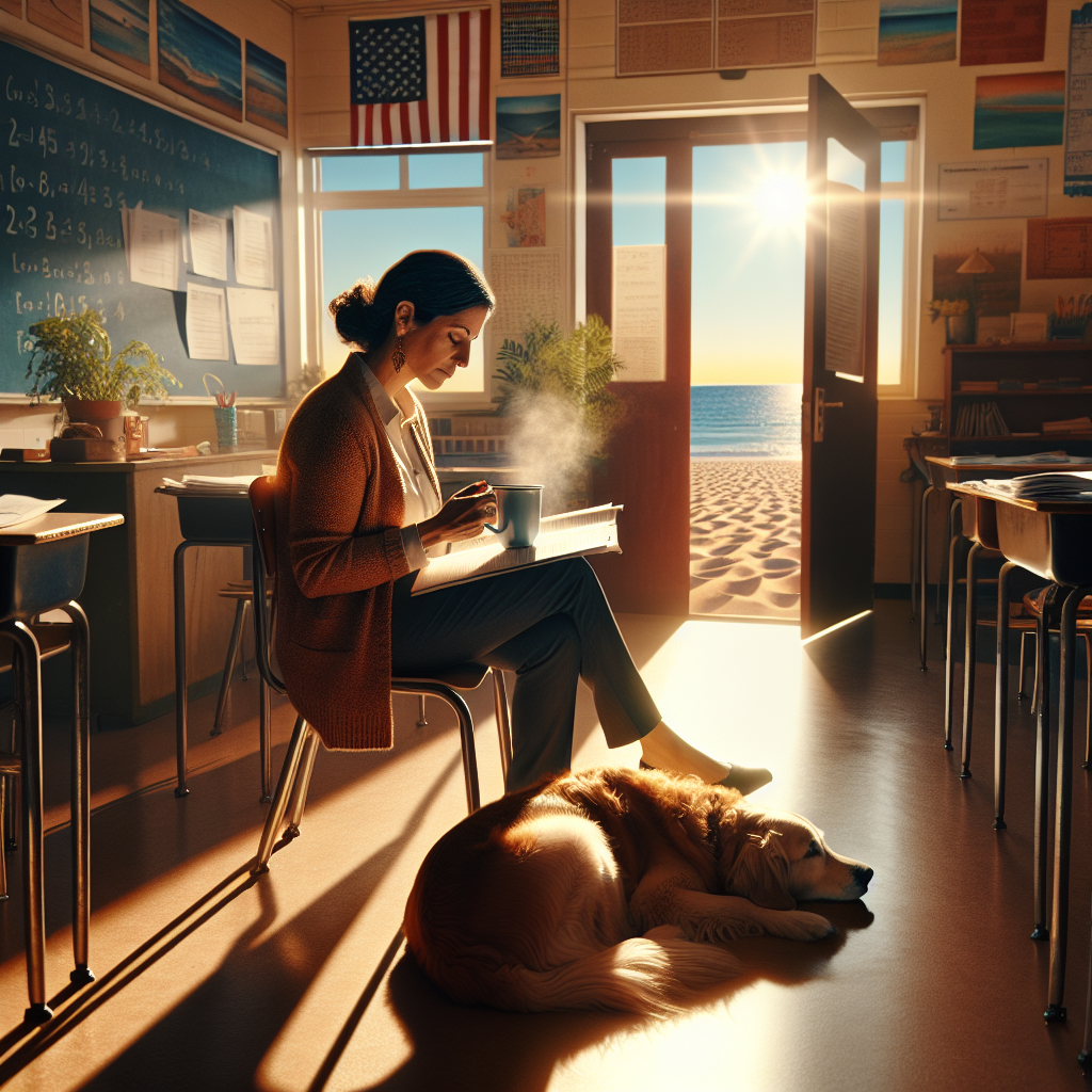 An image showcasing a classroom doused in warm, golden sunlight streaming through the window. In the room, a Hispanic woman, serving as a teacher, takes a break from grading paperwork, clutching a mug of hot Earl Grey tea. At her feet, her cherished golden retriever is curled up, basking in the sunlight. The door of the classroom is slightly open, revealing a tranquil view of a sandy beach in the distance. The atmosphere of the room is filled with the scent of the ocean and a pervading sense of accomplishment. There is an underlying theme of gratitude as her students approach her, showing their thanks for her commitment to their learning.
Generated with these themes: Teacher, Paperwork , Tea, Golden retriever dog, and Beach .
Made with ❤️ by AI.