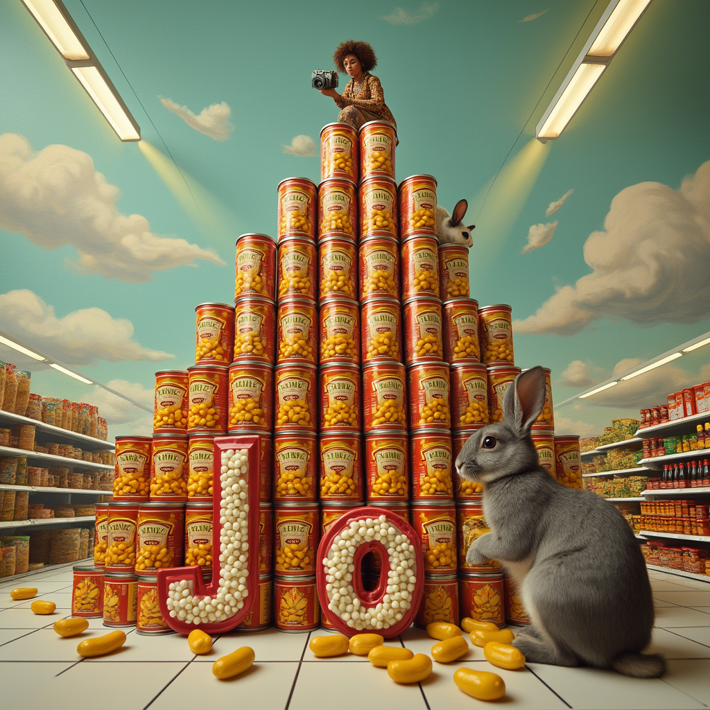 In the whimsical landscape of a sprawling surreal grocery aisle, a towering pyramid of Heinz baked beanz cans gleams under the fluorescent lights, each can perfectly balanced atop another, creating a majestic, shimmering structure of gold and red labels. Among the rows of this architectural marvel, the name "Jo" is artistically spelled out using a select number of these cans, strategically chosen to pop against the rest. Nearby, a mischievous pair of rabbits—a white and black Himalayan and a sleek grey—are seen frolicking, their fur almost glinting with a surreal gloss as they hop in and out of the open cans scattered around the base of the pyramid. Perched atop one of the higher tiers of cans, a crazy-eyed lady with wild brown hair, dressed in eccentric, colorful patchwork clothing, is crouched down with a vintage camera in hand. She snaps photographs with fervor, seemingly capturing the rabbits’ playful antics. Her lens reflects the distorted, dreamy aisle and hints of the beanz pyramid in a kaleidoscope of colors. Above all, painted into the vast ceiling of this strange grocery wonderland, fluffy clouds meander across a pale blue sky, and within them, the word "Congratulations" is woven in an elaborate script, subtly highlighting Jo’s name with beams of light breaking through the cloud’s edges. This blend of the fantastical and the mundane creates a scene that is as intricate as it is celebratory, a perfect snapshot for Jo's achievement.
Generated with these themes: Hoarding Heinz baked beanz, White and black Himalayan rabbit, Grey rabbit, and Crazy white lady with brown hair and a camera.
Made with ❤️ by AI.