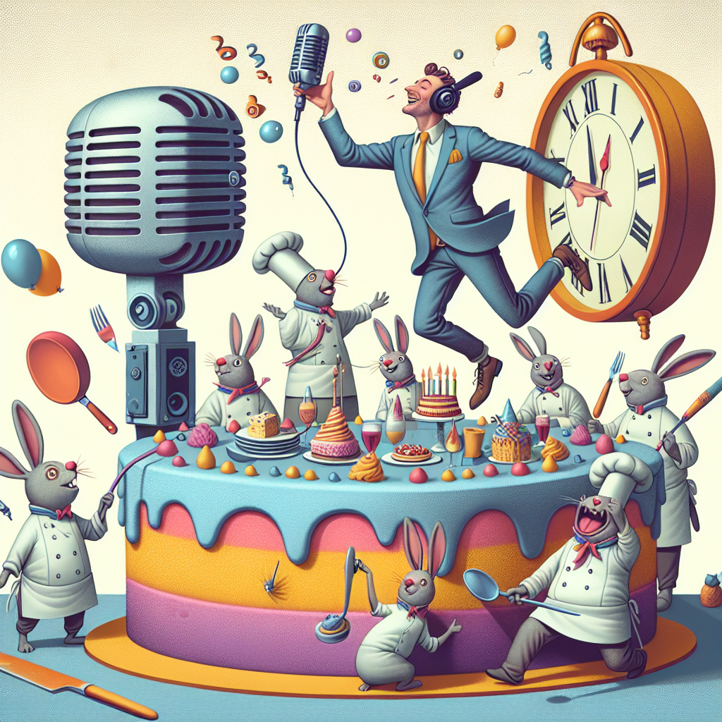 Create a whimsical birthday illustration depicting a delightful man leaping out of an oversized, colorful cake, microphone in hand, as he records a special episode for a food-focused podcast. Surrounding him are anthropomorphic rabbits dressed as chefs, eagerly taking notes for the perfect birthday feast. Surrealist elements like floating clocks and bendable cutlery infuse the scene with a dreamlike atmosphere. This picture should feel funny and surreal, much like a joke delivered by a skilled comedian.
Generated with these themes: James Acaster, Off menu podcast, and Rabbits .
Made with ❤️ by AI.