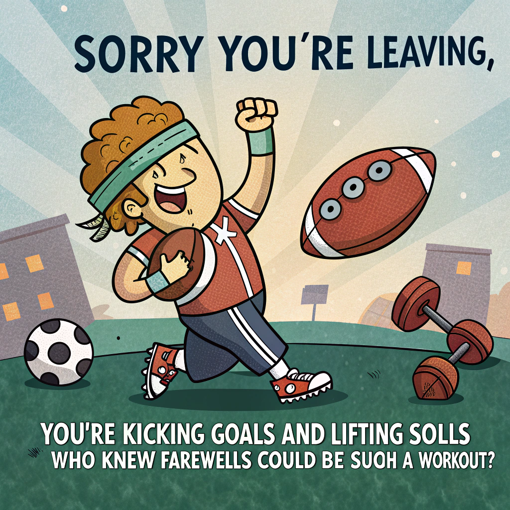 At the top of the image, "Sorry you're leaving":

   At the bottom of the image, "You're kicking goals and lifting souls – who knew farewells could be such a workout?"

- In the center of the image, illustrate a lively cartoon scene featuring a fitness-enthusiast character with a football under one arm, flexing their muscles exaggeratedly with the other arm. They are sporting a cheeky grin and a sweatband, surrounded by cartoonish footballs and dumbbells bouncing playfully around them, creating a whimsical farewell theme.
Generated with these themes: Fitness , Football, and .
Made with ❤️ by AI.