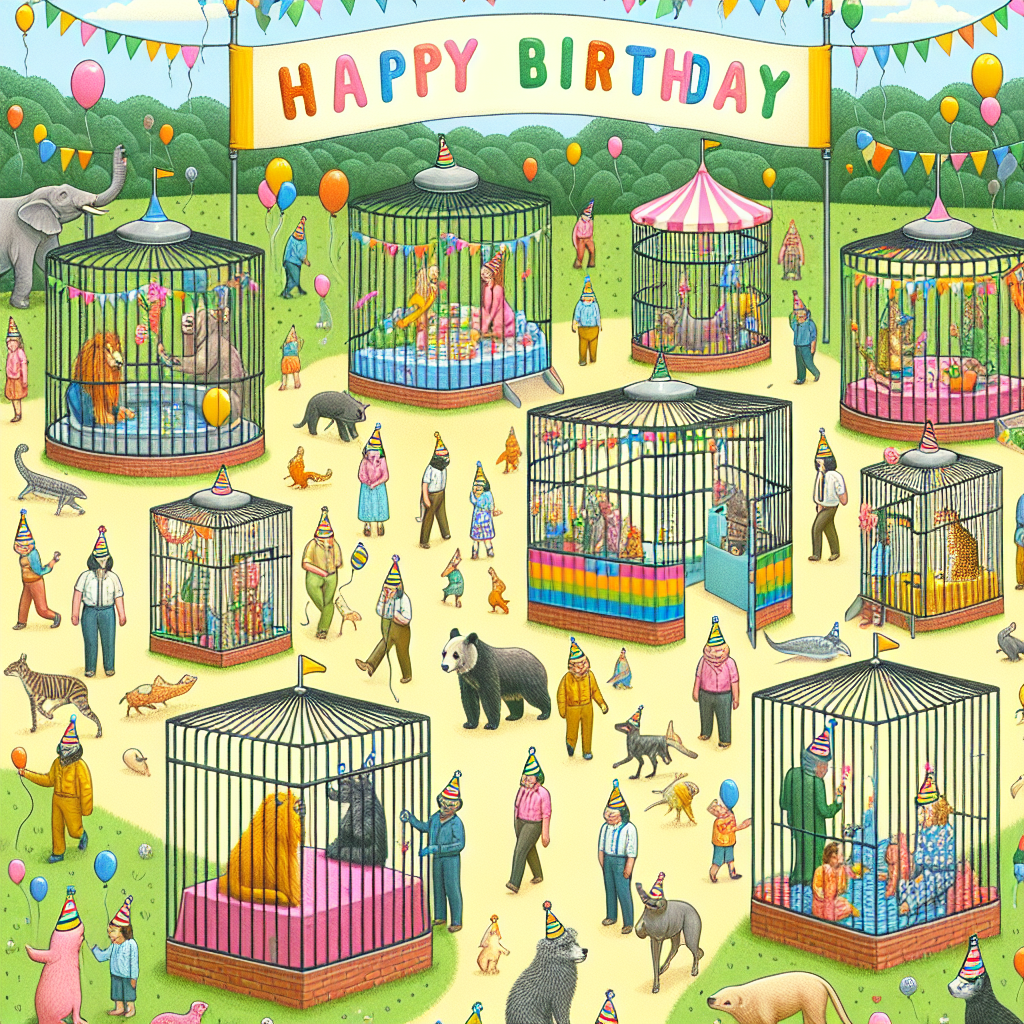 Create a whimsical birthday-themed illustration that portrays a twist on the traditional zoo setting. Instead of animals, humans of diverse descents and genders are playfully contained within enclosures painted in vibrant colors and decorated with festive elements. Animals of different species roam freely, delightfully observing the 'caged' humans. The landscape is dotted with party hats worn by both the free-roaming animals and the humans. Overhead, a cheerful banner flies high, inscribed with 'Happy Birthday' message amid a shower of multi-color balloons and streamers.
Generated with these themes: Reverse zoo.
Made with ❤️ by AI.