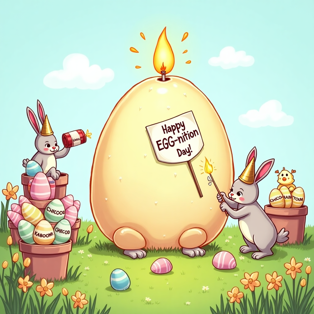 **Prompt:**

A humorous Easter illustration featuring a large, fancy candle shaped like a traditional Easter egg, but it's sweating nervously as a group of overexcited bunnies in party hats tries to light it with oversized novelty matches. One bunny is holding a sign that reads “Happy EGG-nition Day!” while a mischievous chick peeks from behind a flowerpot holding a fire extinguisher. In the background, pastel-colored eggs are stacked like dynamite bundles labeled "Choco-Kaboom!" Set in a sunny spring meadow with tulips and daffodils swaying, all rendered in a cheerful, cartoon-style illustration with vibrant Easter colors.
Generated with these themes: CANDLE.
Made with ❤️ by AI.