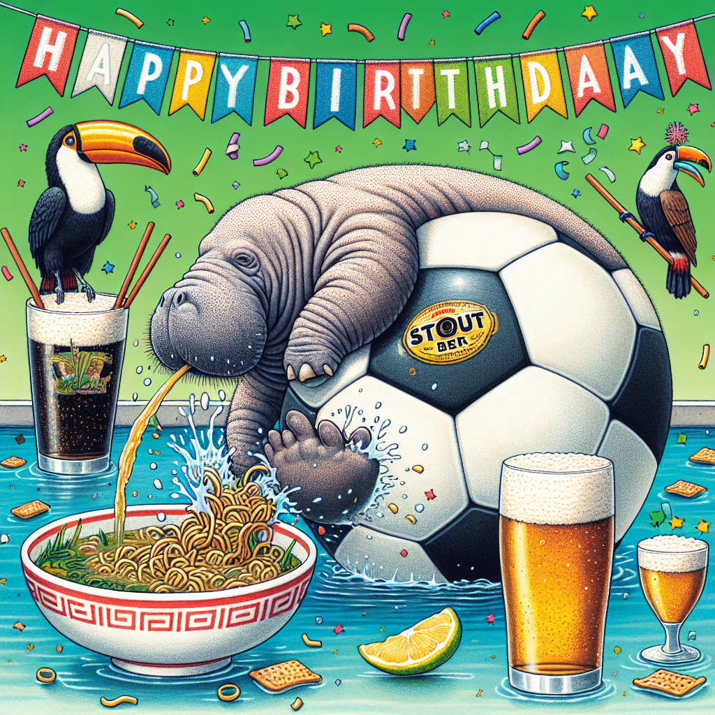 Visualize a humorous celebration scene. A hefty manatee in a pool of water is comically trying to kick a soccer ball, inadvertent splashing occurs, causing a glass of stout beer nearby to ripple. Joining the scene, a toucan is perched on a ramen noodle bowl, chuckling at the spectacle. The soccer ball is adorned with an unusual blend of stout beer labels and noodle-like patterns, suggesting it mirrors the ramen bowl. Implying a celebration, confetti is adrift in the air, adding eccentricity to the scene. Above, a banner diverse in color proudly displays 'Happy Birthday', integrating fun depictions of the manatee, toucan, ramen, beer, and soccer ball.
Generated with these themes: Soccer, Toucan, Manatee, Guinness , and Ramen.
Made with ❤️ by AI.
