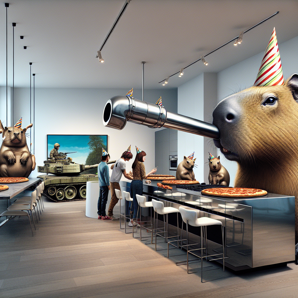 Visualize a surreal birthday party taking place within a contemporary open-plan kitchen. Against the shiny kitchen island is a strikingly realistic painting of a tank, its metal tube ingeniously serving as a dispenser for an unlimited flow of pizza. To one side stands an oversized, hyper-detailed statue of a capybara donning a festive hat on its head, acting as an inventive photo booth where guests line up to make memorable snapshots. Lending a peculiar finish to the scene, feline-shaped balloons hover near the ceiling. Each balloon meticulously designed, appearing to observe the celebration with intrigue and humor.
Generated with these themes: Cat, Tank, Pizza, and Capybara.
Made with ❤️ by AI.